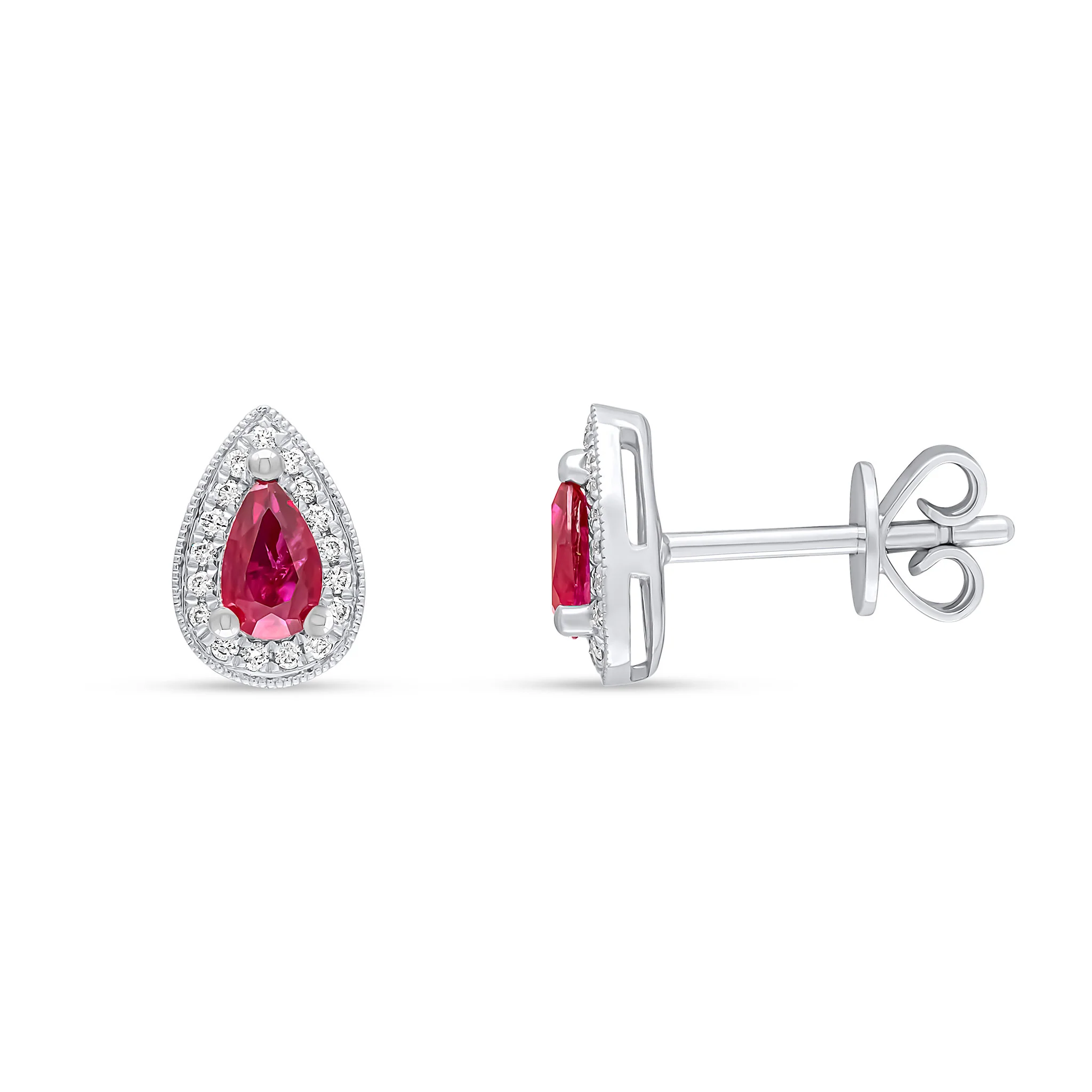 18CT White Gold Claw Set Pear Shaped Ruby & Millegrain Diamond Cluster Earrings (5x3mm) - Robert Anthony Jewellers, Edinburgh