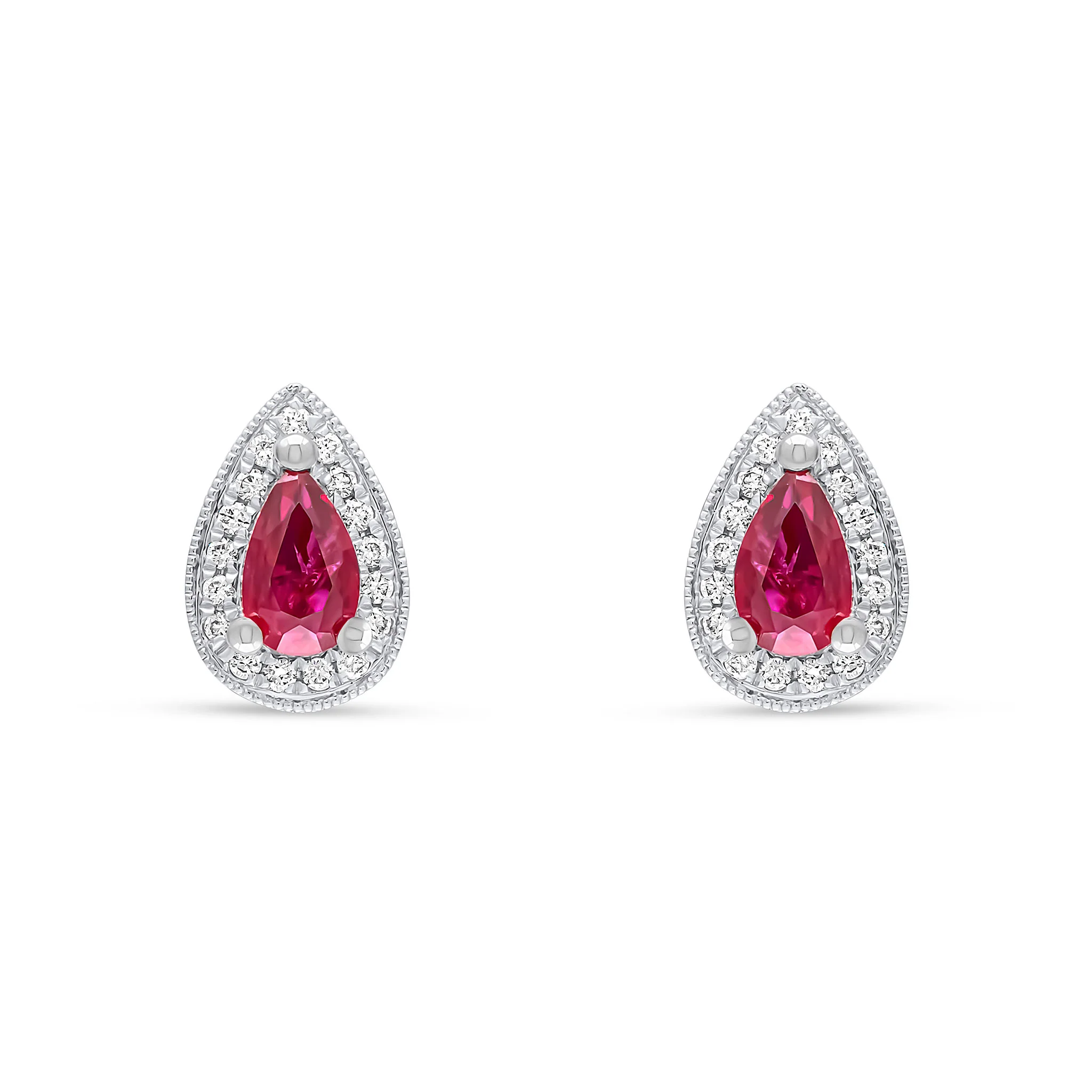 18CT White Gold Claw Set Pear Shaped Ruby & Millegrain Diamond Cluster Earrings (5x3mm) - Robert Anthony Jewellers, Edinburgh