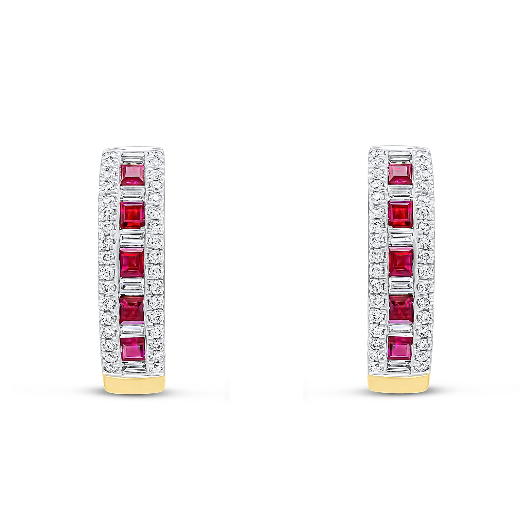 18CT Gold Square Ruby Baguette & Round Diamond Oval Hoop Earrings - Robert Anthony Jewellers, Edinburgh