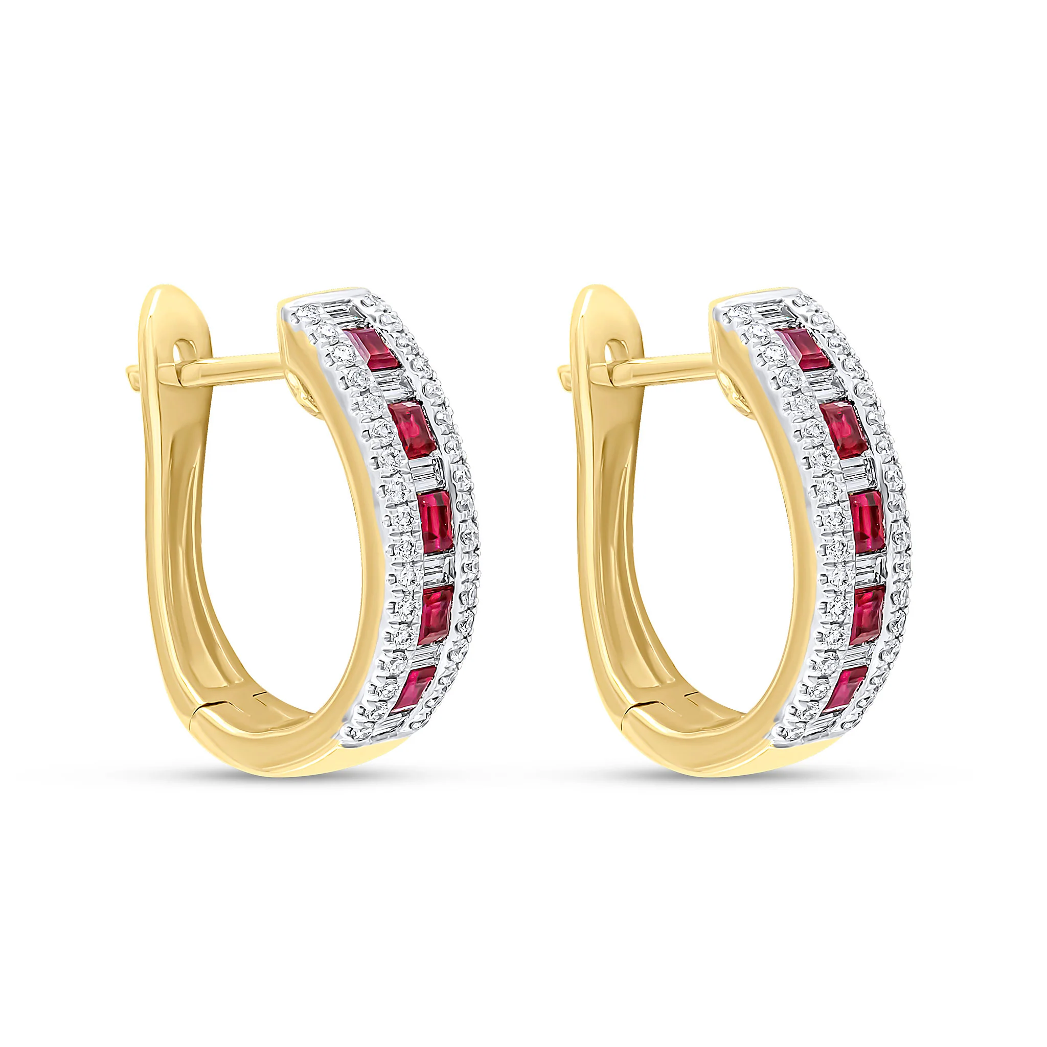 18CT Gold Square Ruby Baguette & Round Diamond Oval Hoop Earrings - Robert Anthony Jewellers, Edinburgh