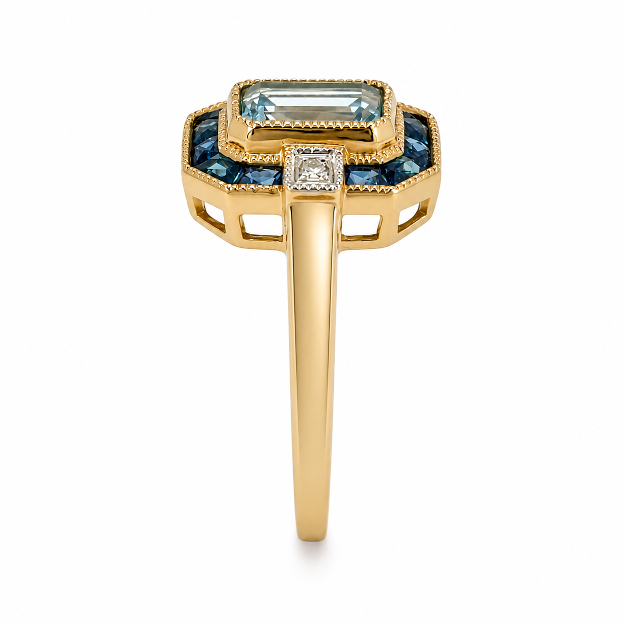 9ct Yellow Gold Aquamarine, Blue Topaz & Diamond Ring