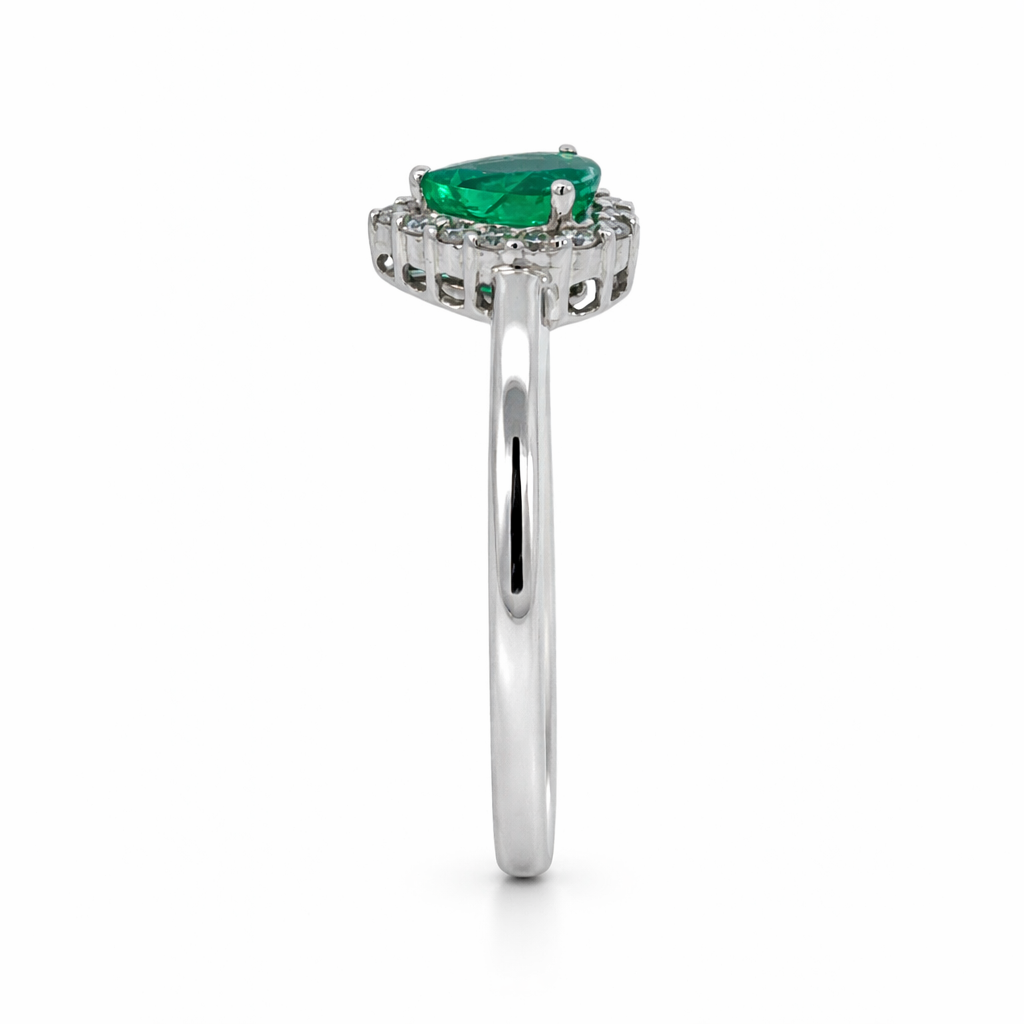 Emerald & Diamond Halo Ring in 18ct White Gold