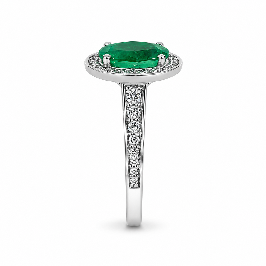 18ct White Gold Oval Emerald & Diamond Cluster Ring
