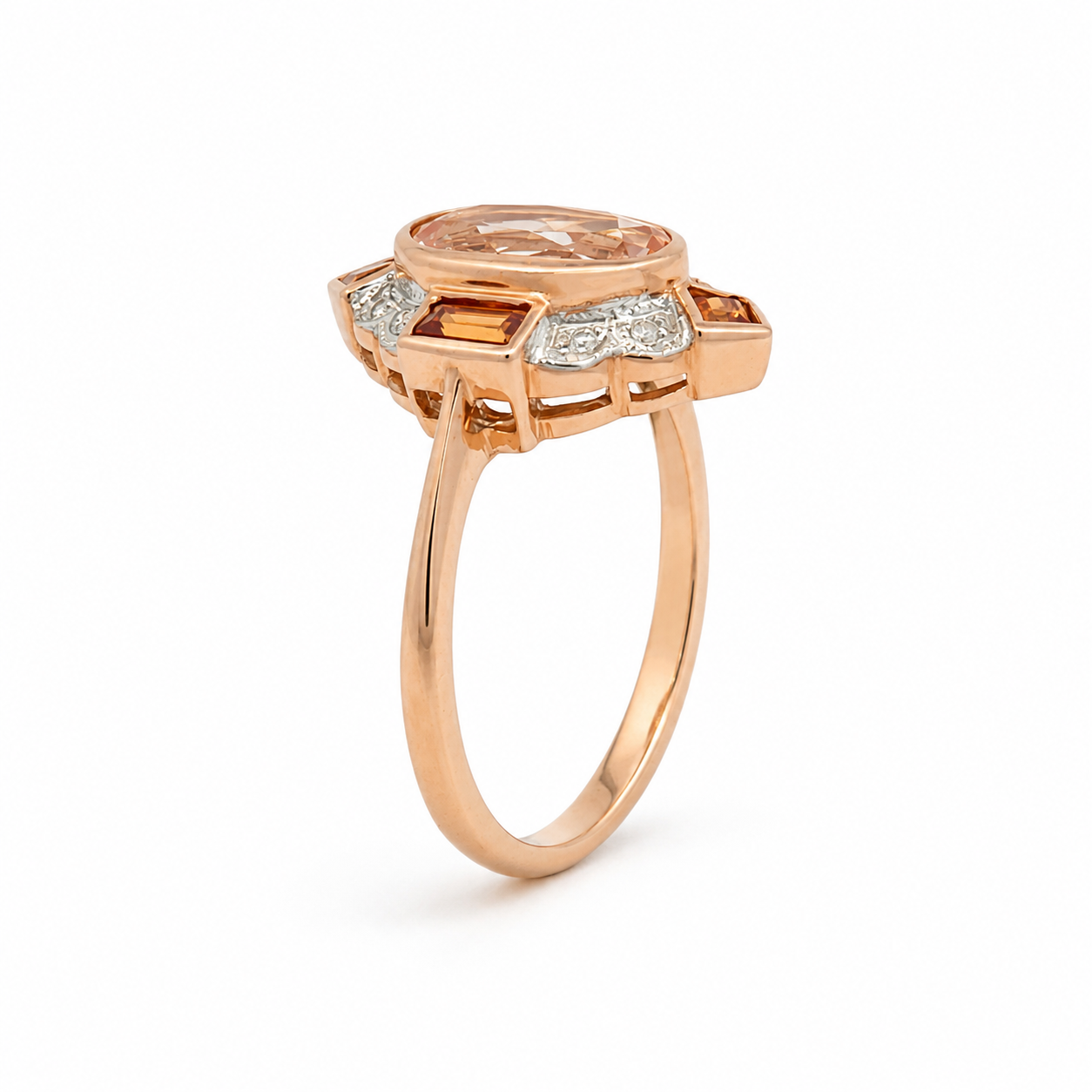 9ct Rose Gold Vintage-Style Morganite, Diamond & Orange Sapphire Ring