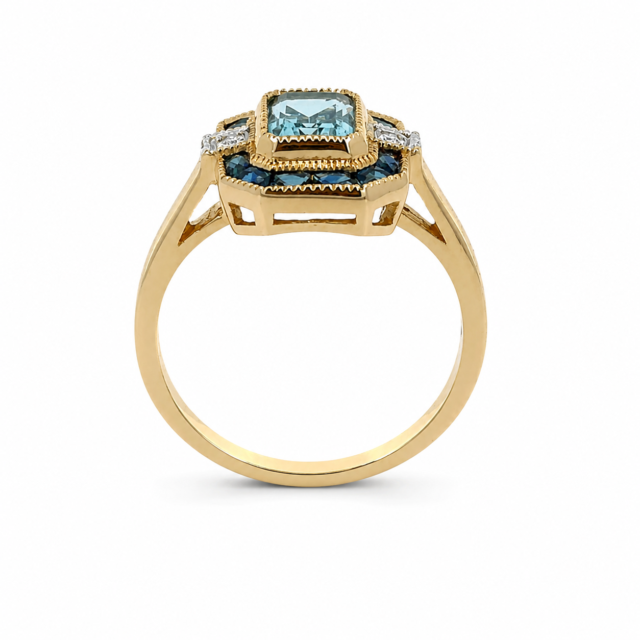 9ct Yellow Gold Aquamarine, Blue Topaz & Diamond Ring