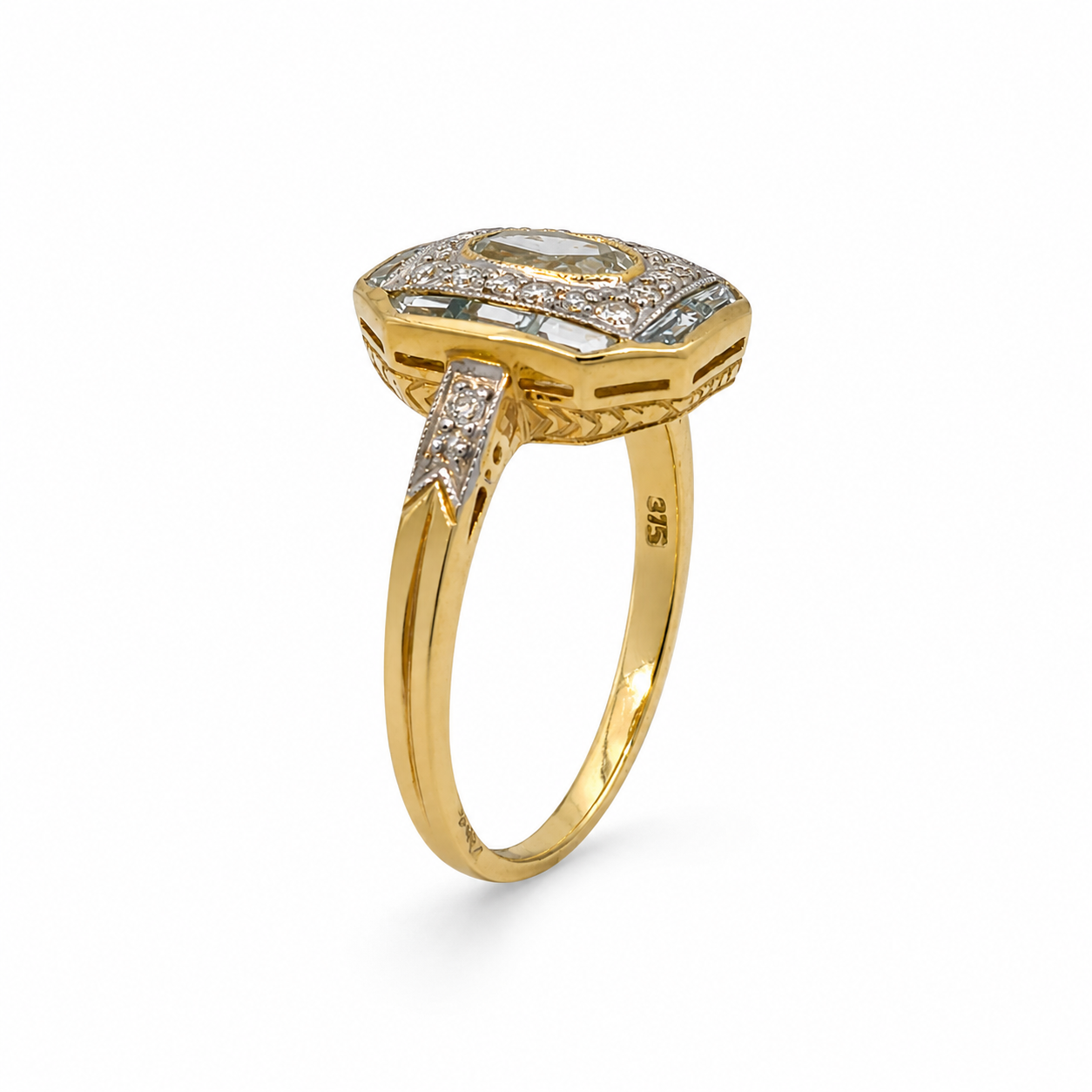 Vintage Style 9ct Gold Aquamarine & Diamond Halo Ring