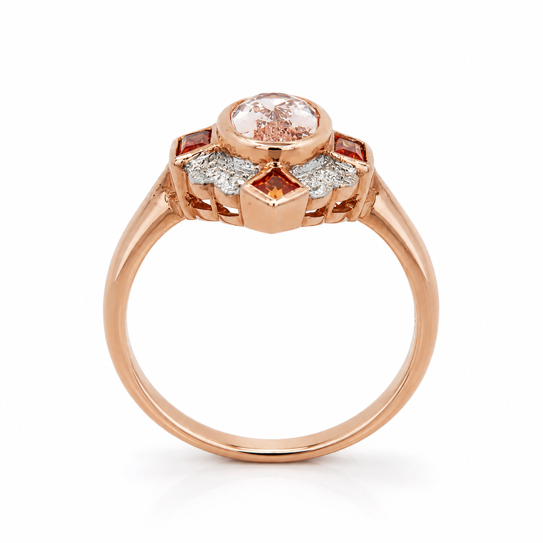 9ct Rose Gold Vintage-Style Morganite, Diamond & Orange Sapphire Ring