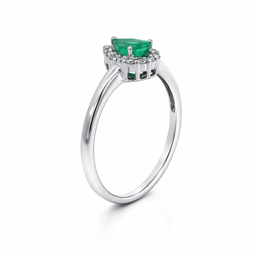 Emerald & Diamond Halo Ring in 18ct White Gold