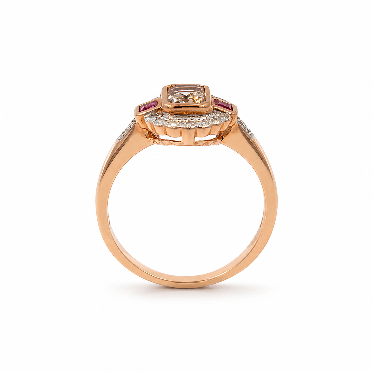9ct Rose Gold Morganite, Ruby and Diamond Halo Ring