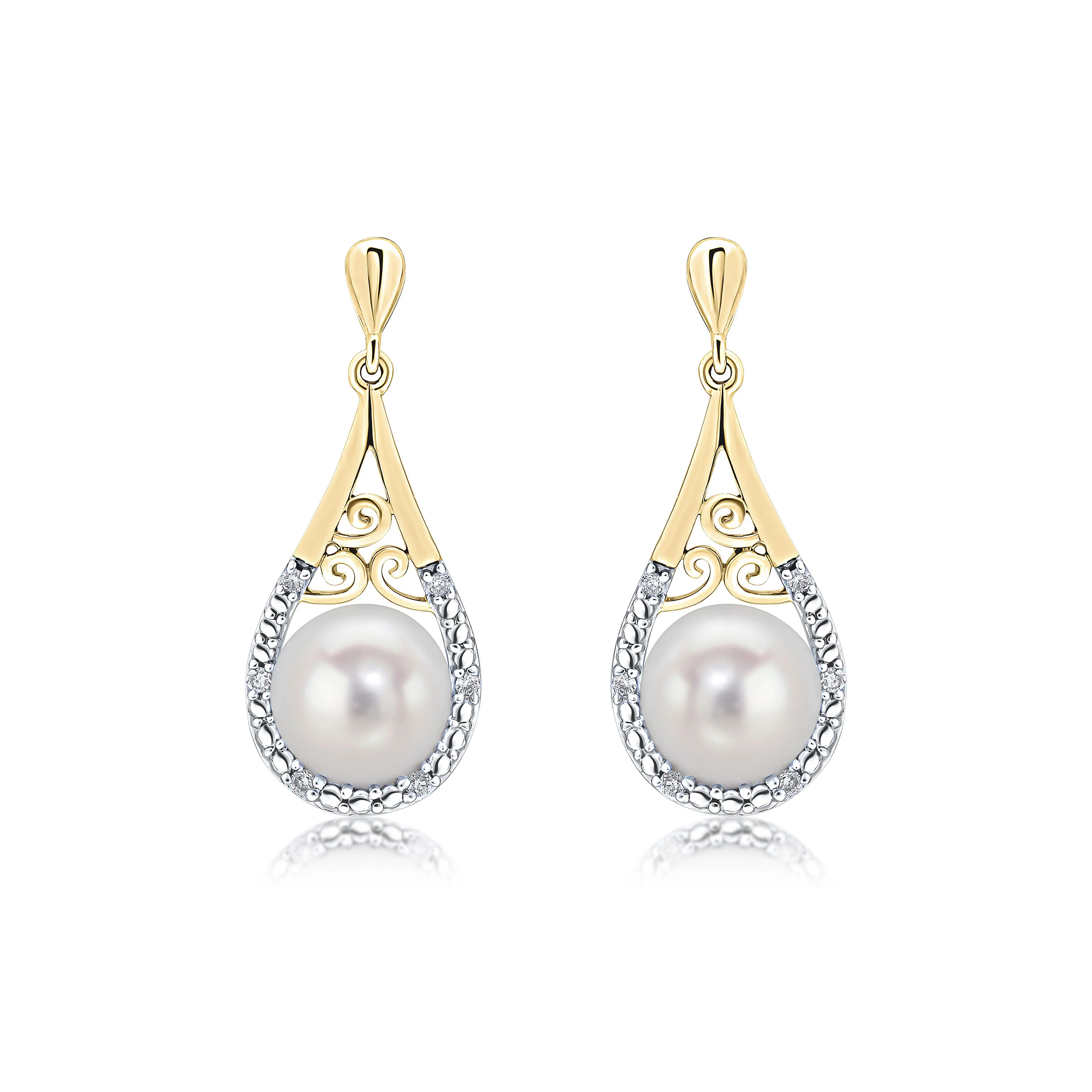 9CT Yellow Gold Diamond & Pearl Basket Drop Earrings - Robert Anthony Jewellers, Edinburgh