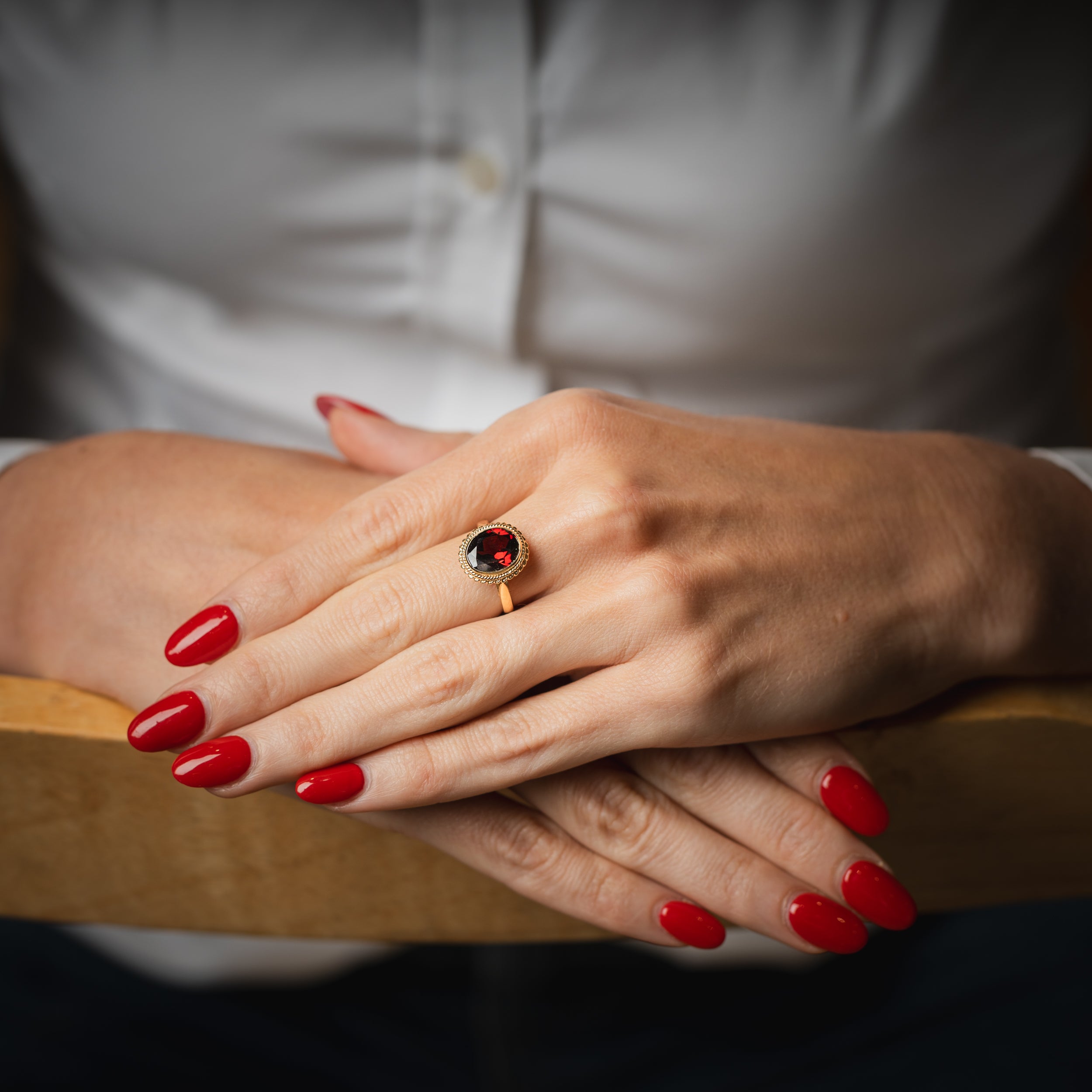 Yellow Gold Large Oval Garnet Ring with Vintage Rope Edge - Robert Anthony Jewellers, Edinburgh