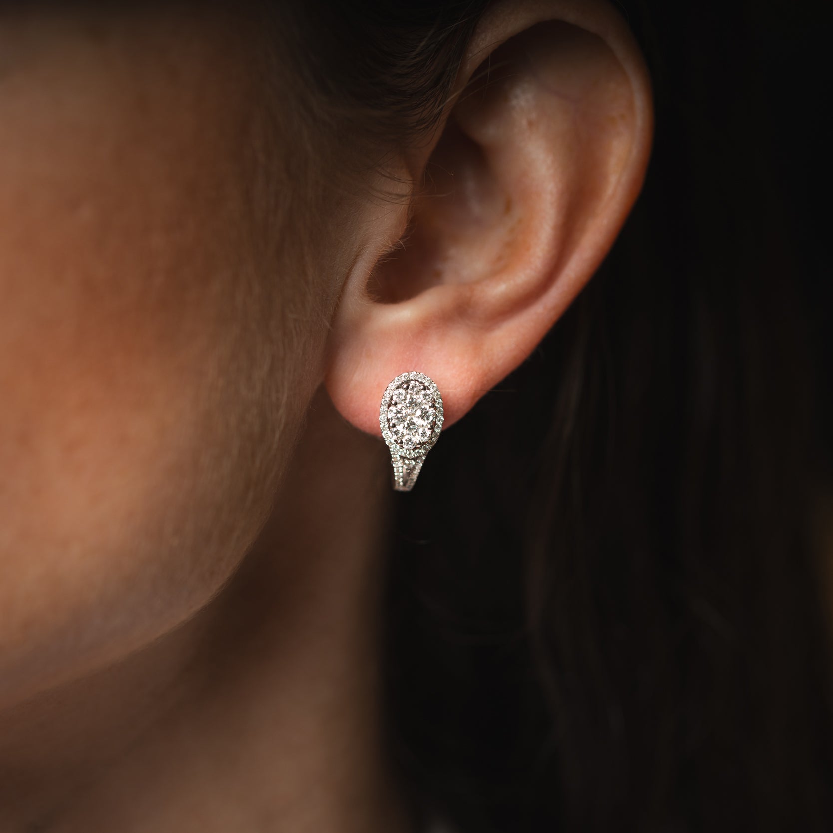18CT White Gold Oval Diamond Halo Huggie Earrings (2cts)