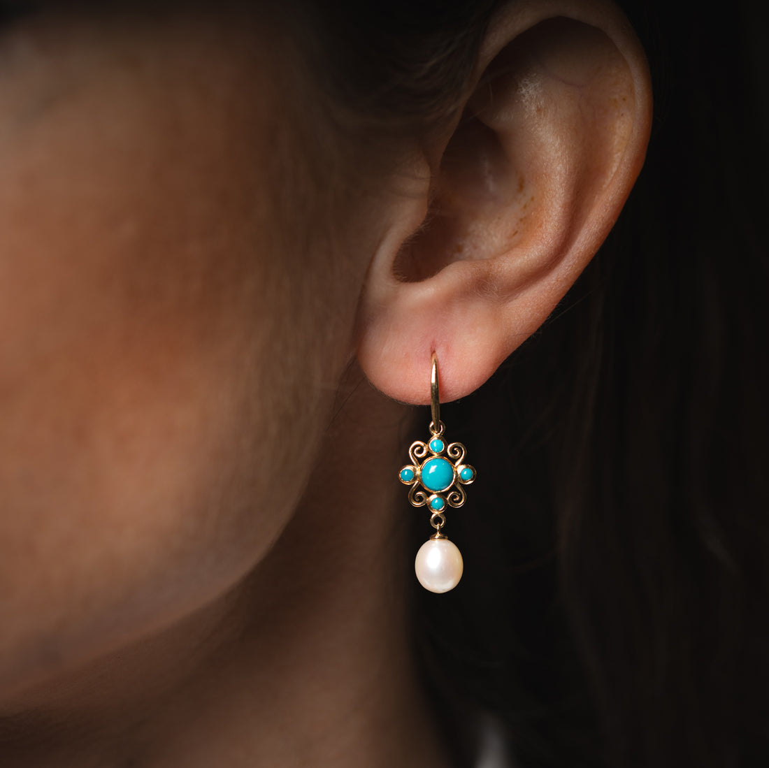 9ct Gold Turquoise and Pearl Drop Earrings - Robert Anthony Jewellers, Edinburgh