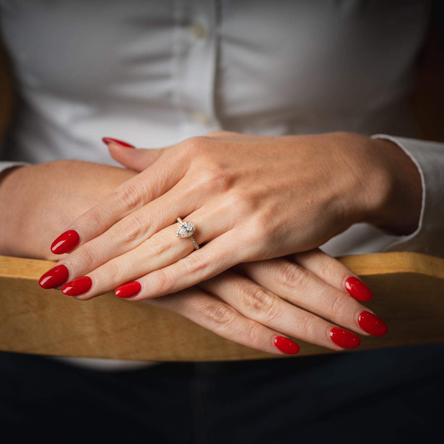 18CT Gold Pear Cut Diamond Halo Ring with Diamond Set Shoulders - Robert Anthony Jewellers, Edinburgh