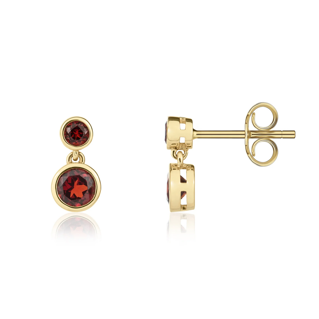 9CT Gold Round Garnet Double Stone Rubover Drop Earrings - Robert Anthony Jewellers, Edinburgh