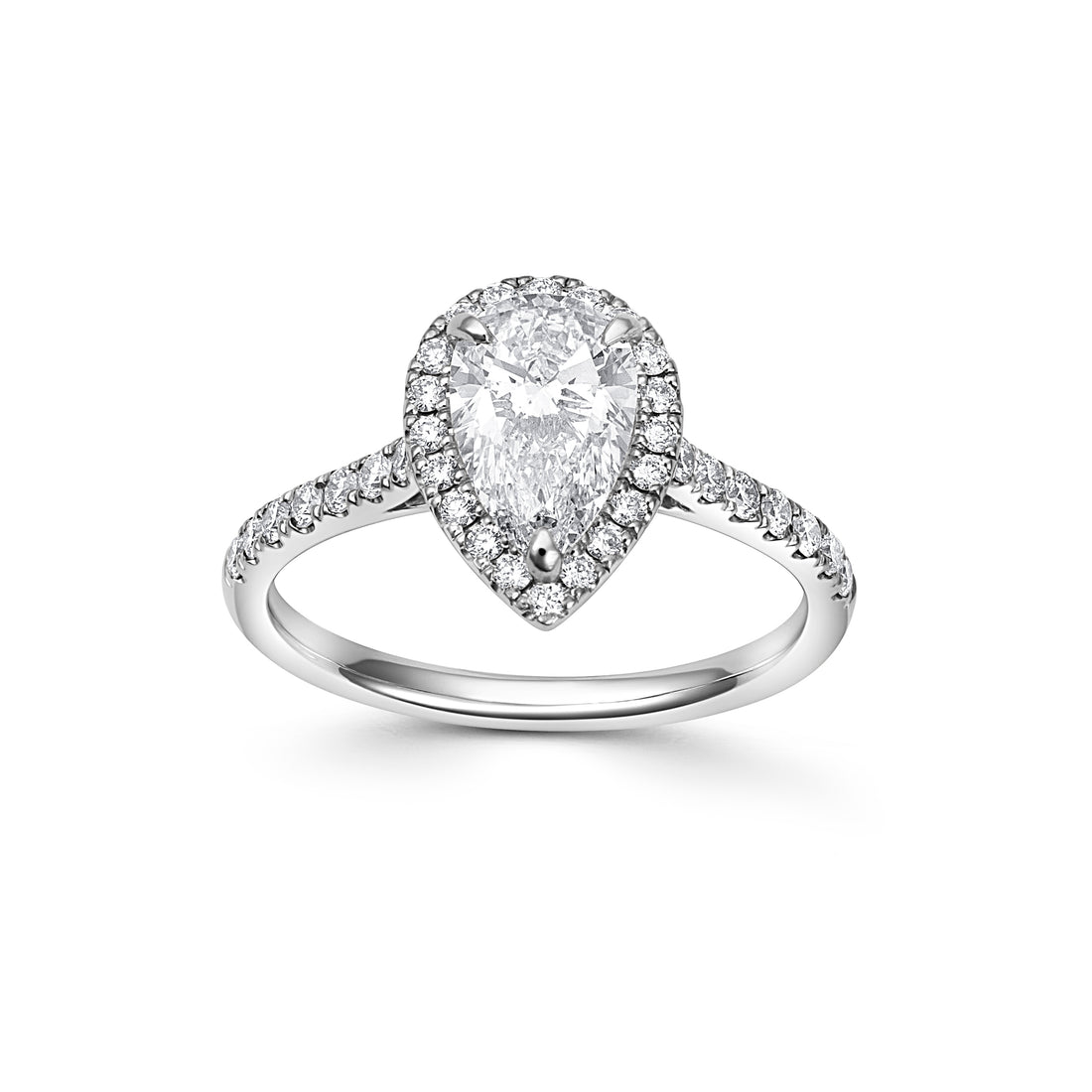 Platinum Ring, Solitaire Pear Cut Lab Grown Diamond with Surrounding Halo - Robert Anthony Jewellers, Edinburgh