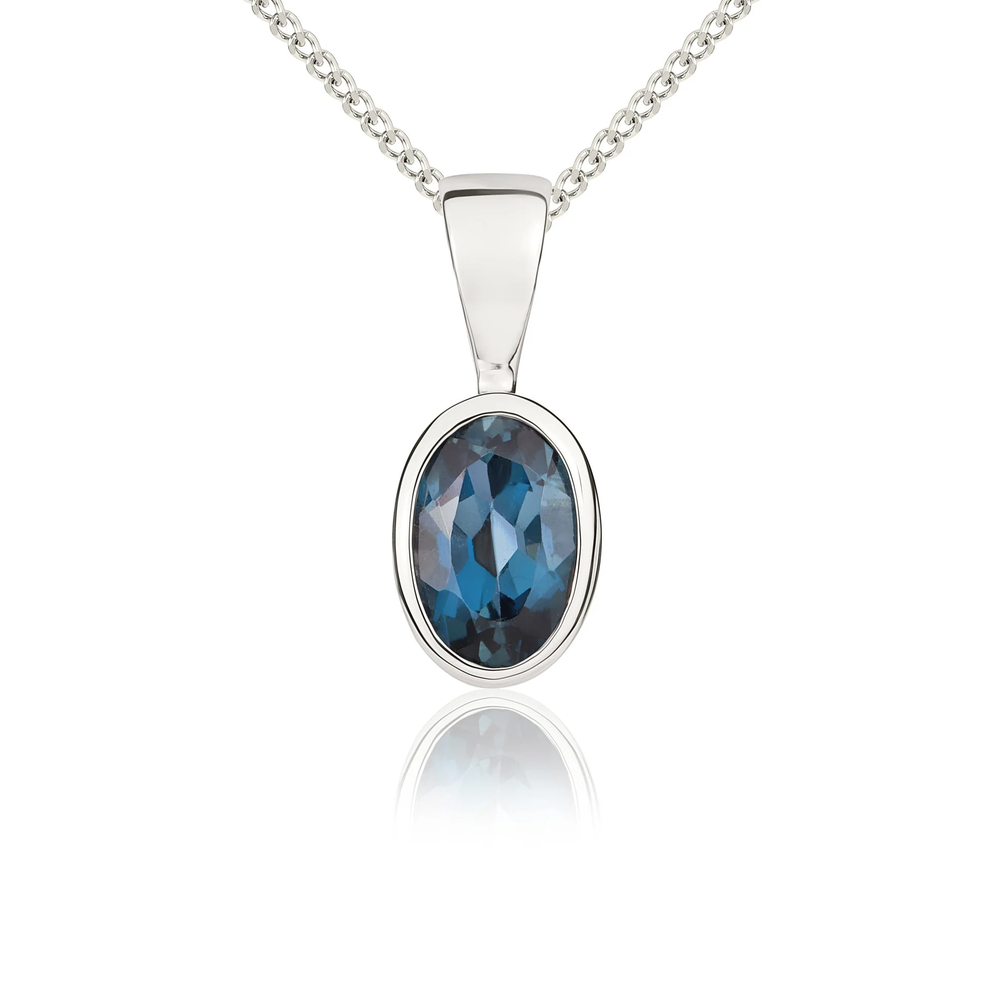 9CT White Gold Oval London Blue Topaz Rubover Pendant (6x4mm) - Robert Anthony Jewellers, Edinburgh