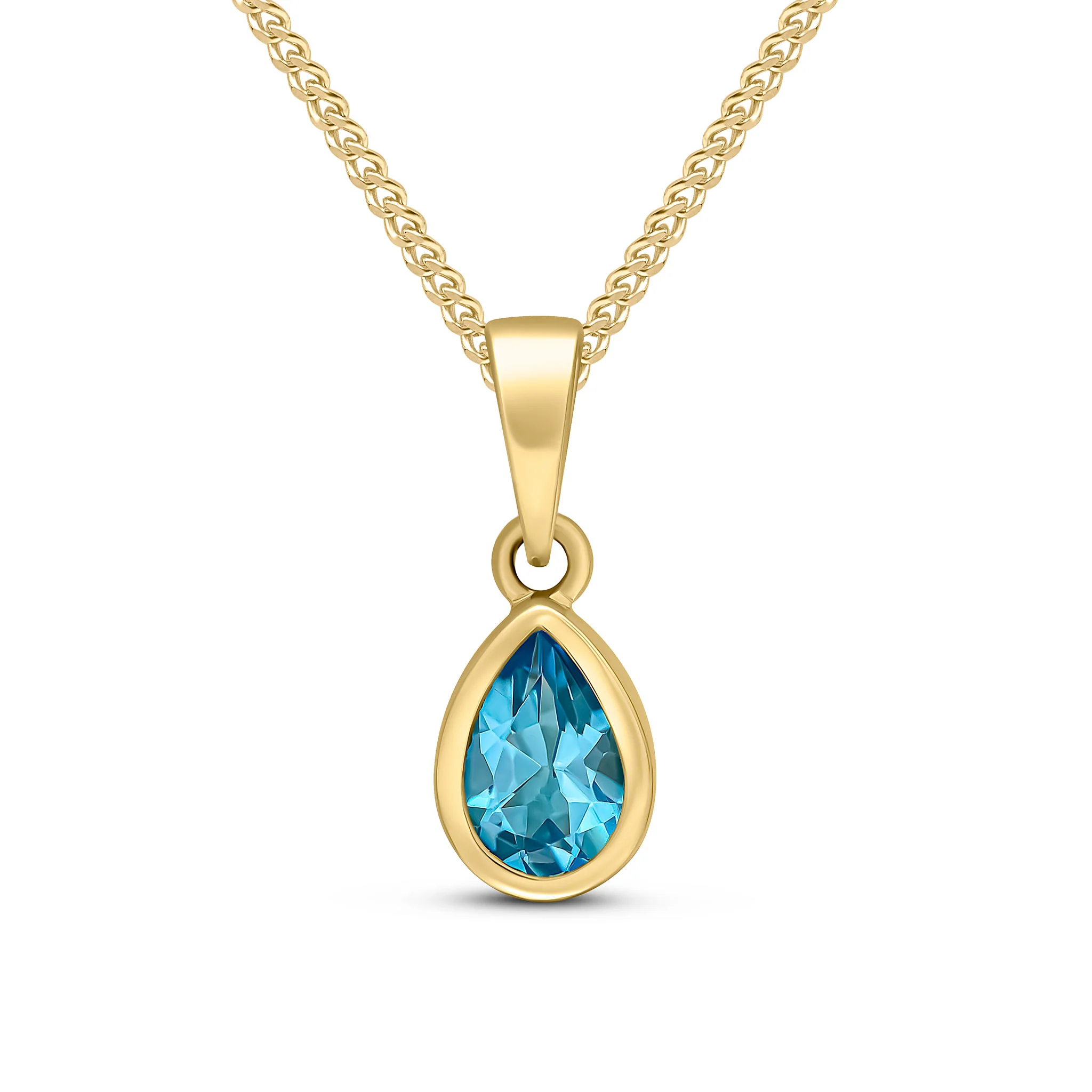 9CT Gold Pear Shaped Swiss Blue Topaz Rubover Pendant (6x4mm) - Robert Anthony Jewellers, Edinburgh