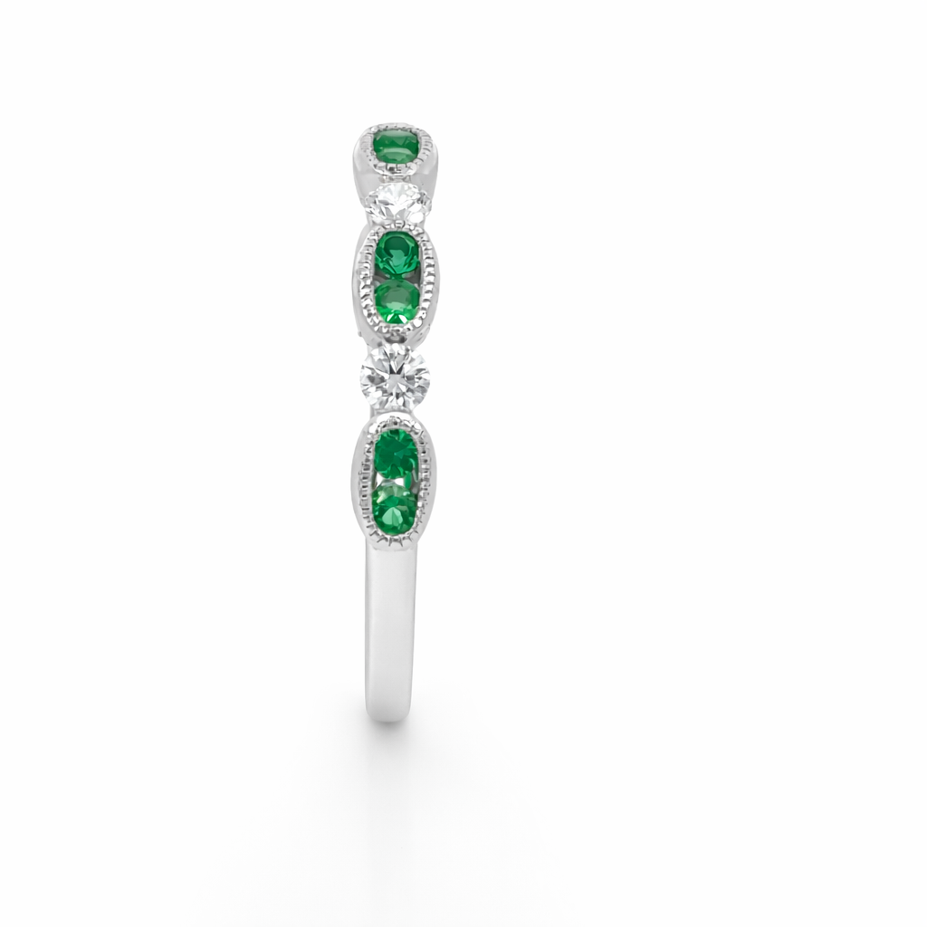 18ct White Gold Emerald & Diamond Band Ring