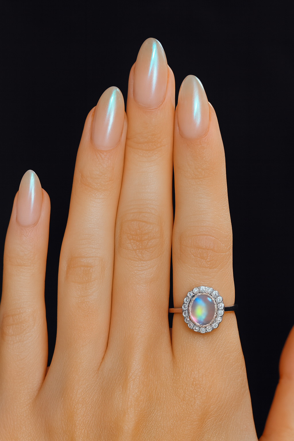 18ct White Gold Moonstone & Diamond Cluster Ring
