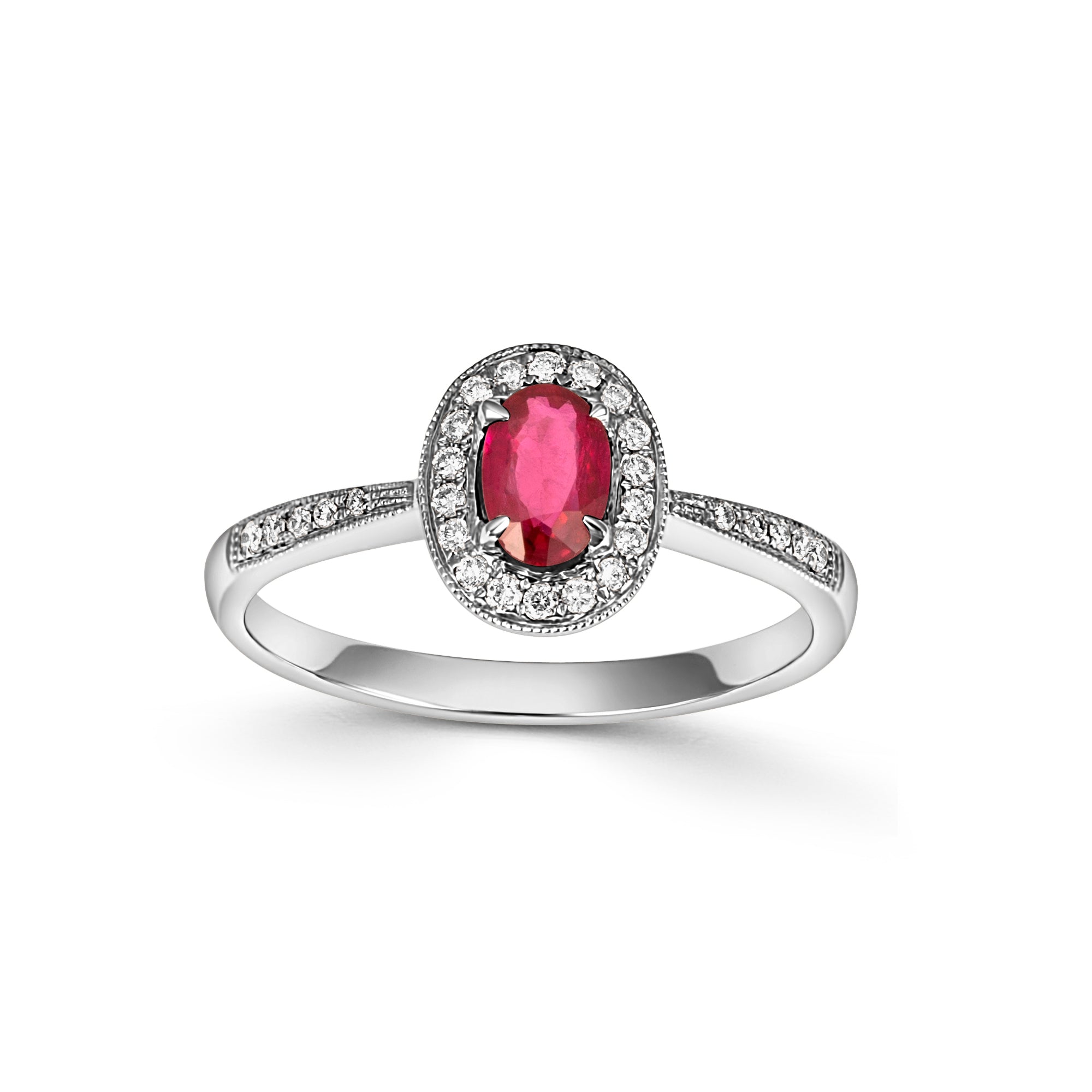 White Gold Ruby Diamond Halo with Diamond-set Shoulders - Robert Anthony Jewellers, Edinburgh