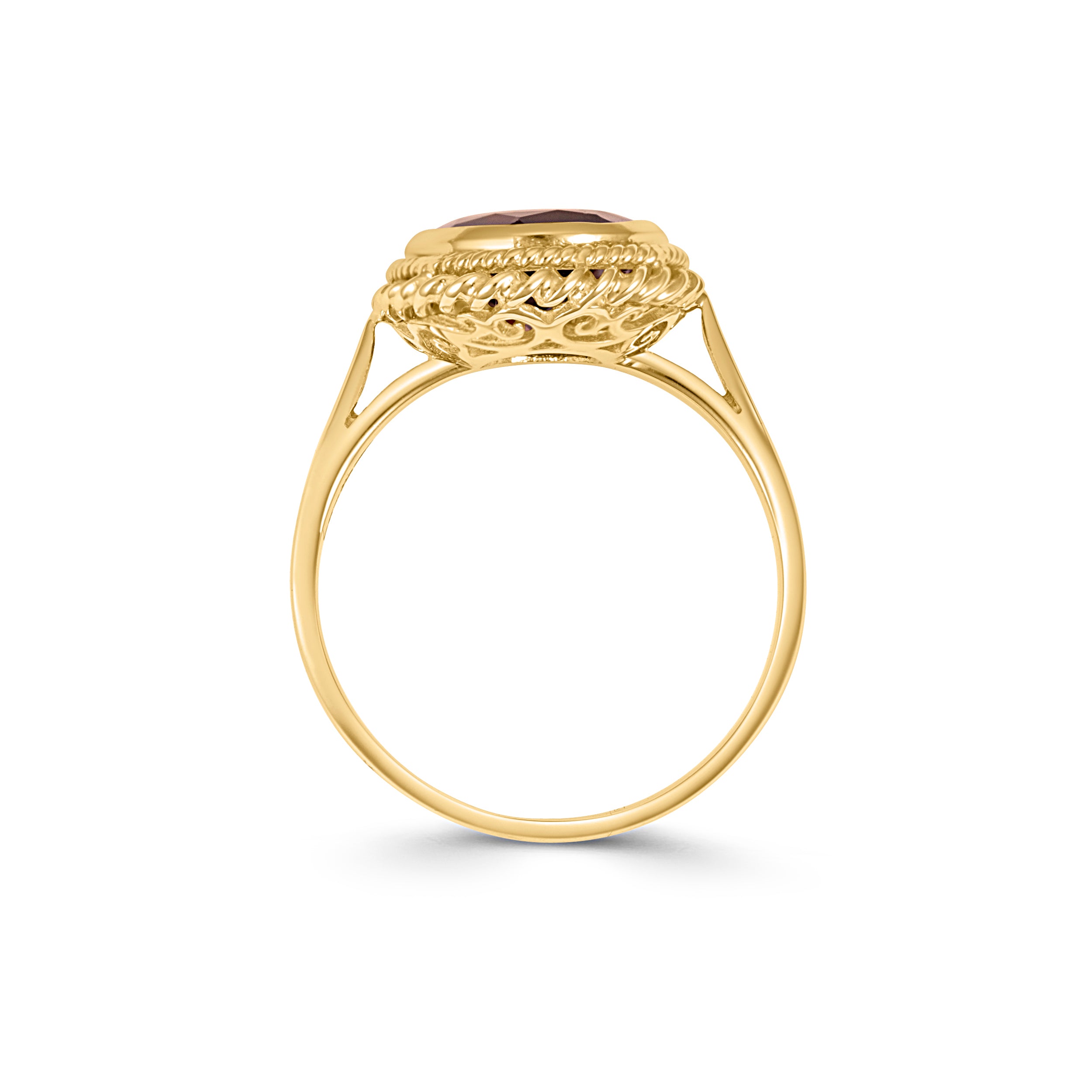 Yellow Gold Large Oval Garnet Ring with Vintage Rope Edge - Robert Anthony Jewellers, Edinburgh
