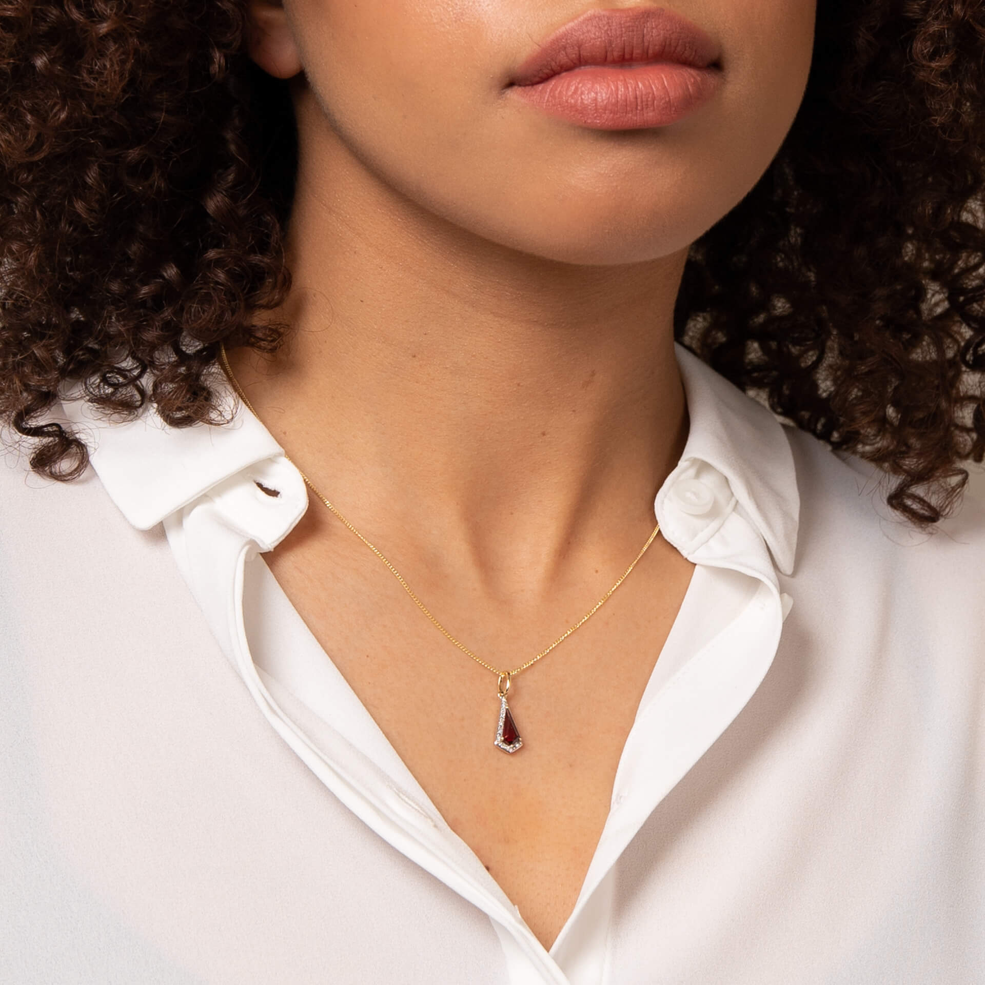 Trapeze Cut Garnet Pendant with Diamond in 9ct Yellow Gold - Robert Anthony Jewellers, Edinburgh