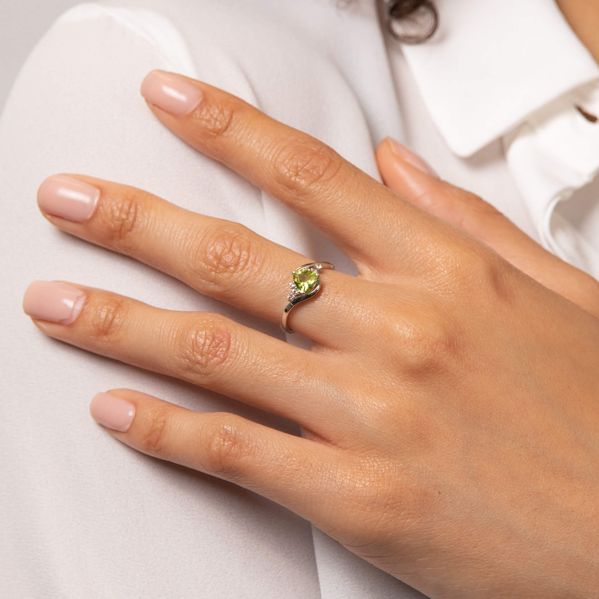 Trillion Peridot Ring with White Topaz in 9ct White Gold - Robert Anthony Jewellers, Edinburgh