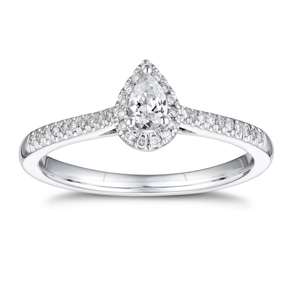 18CT Gold Pear Cut Diamond Halo Ring with Diamond Set Shoulders - Robert Anthony Jewellers, Edinburgh