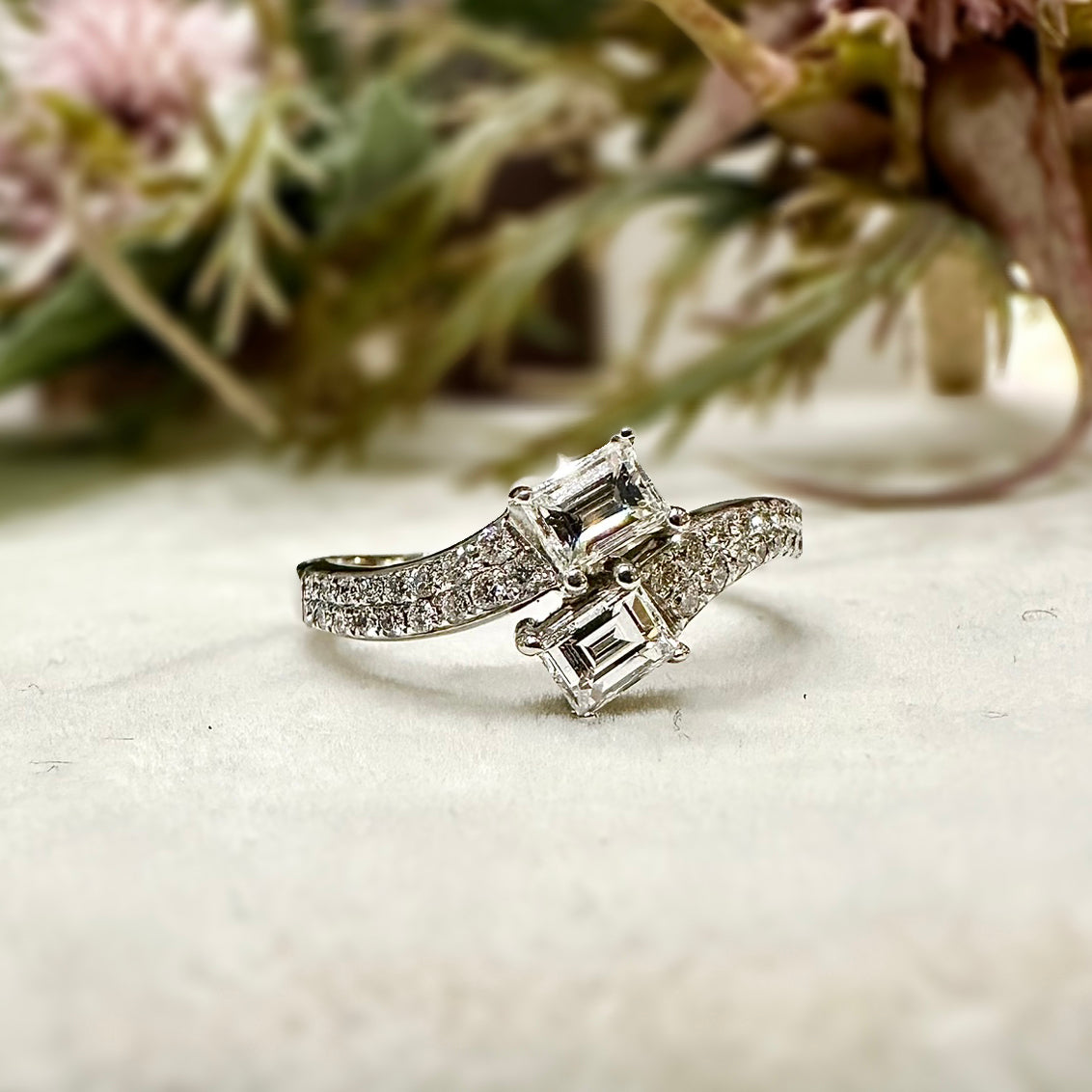 18CT White Gold Twin Emerald Cut Diamond Crossover Pavé - Robert Anthony Jewellers, Edinburgh