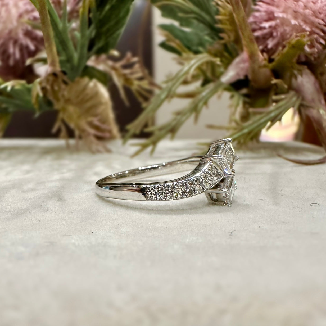 18CT White Gold Twin Emerald Cut Diamond Crossover Pavé - Robert Anthony Jewellers, Edinburgh