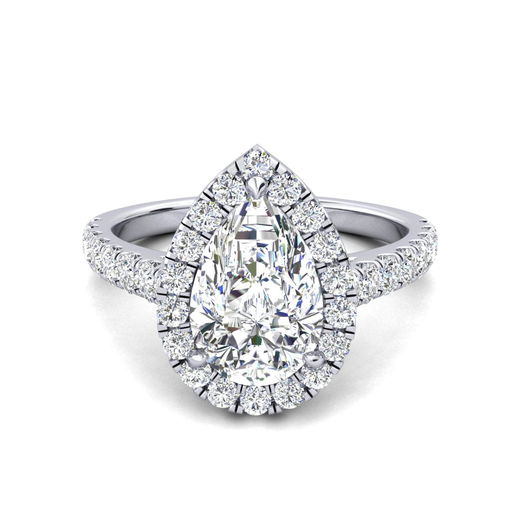 18CT Gold Pear Cut Diamond Halo Ring with Diamond Set Shoulders - Robert Anthony Jewellers, Edinburgh