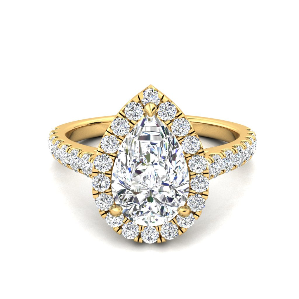 18CT Gold Pear Cut Diamond Halo Ring with Diamond Set Shoulders - Robert Anthony Jewellers, Edinburgh