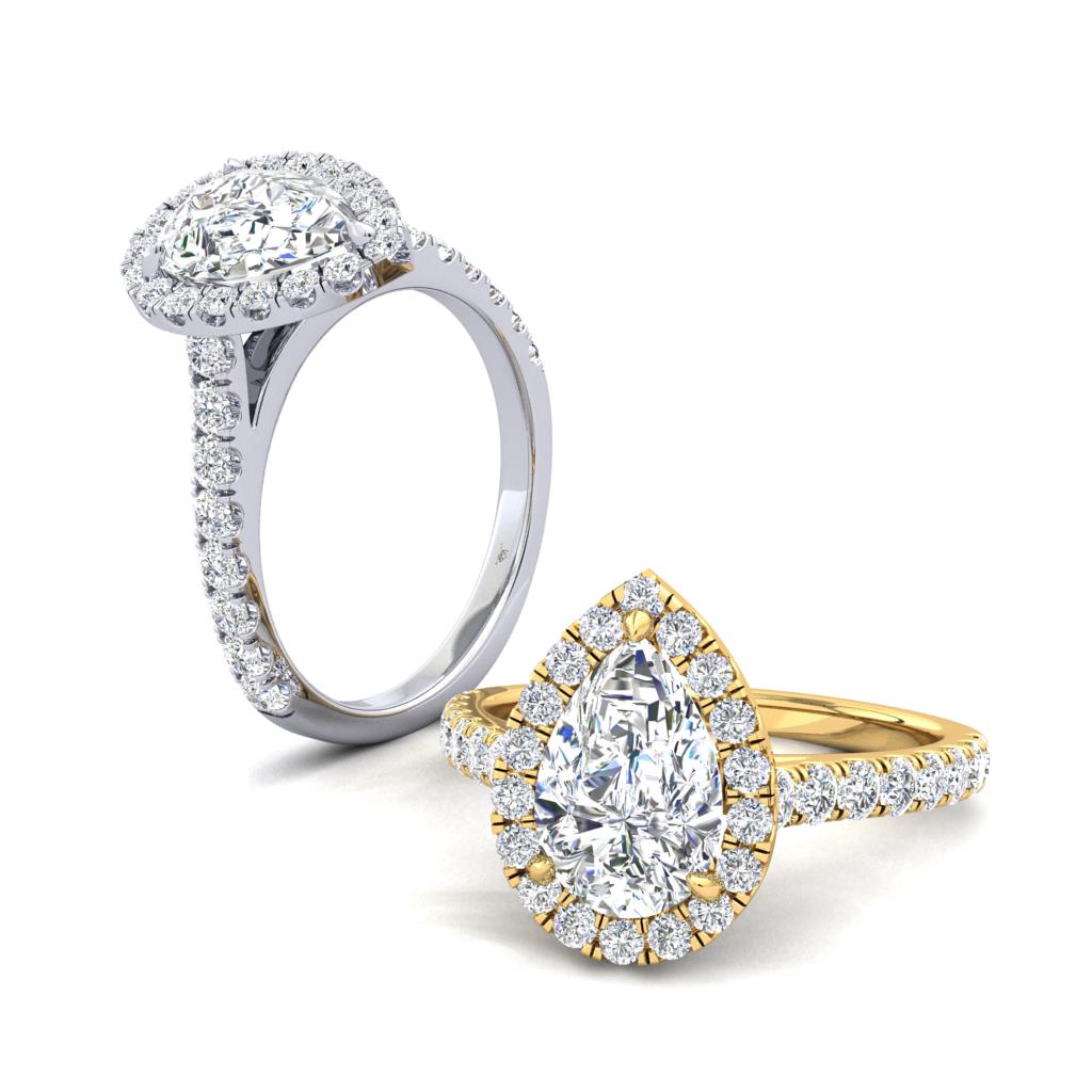 18CT Gold Pear Cut Diamond Halo Ring with Diamond Set Shoulders - Robert Anthony Jewellers, Edinburgh