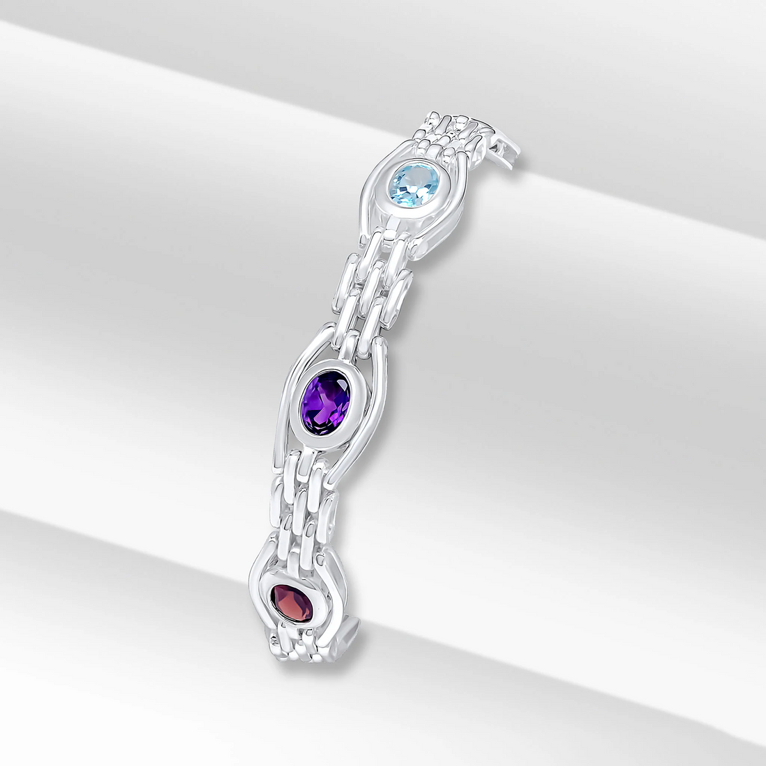 Silver Handmade Mixed Gemstone Gate Style Bracelet — 7.5&