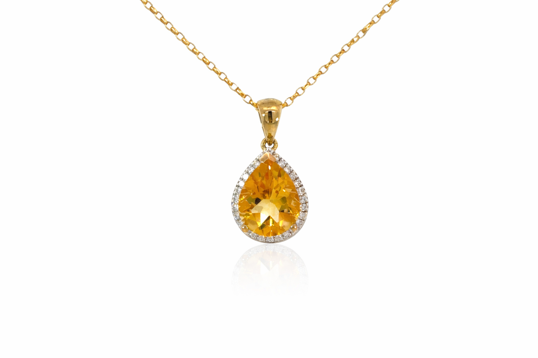 9ct Yellow Gold Citrine & Diamond Halo Necklace