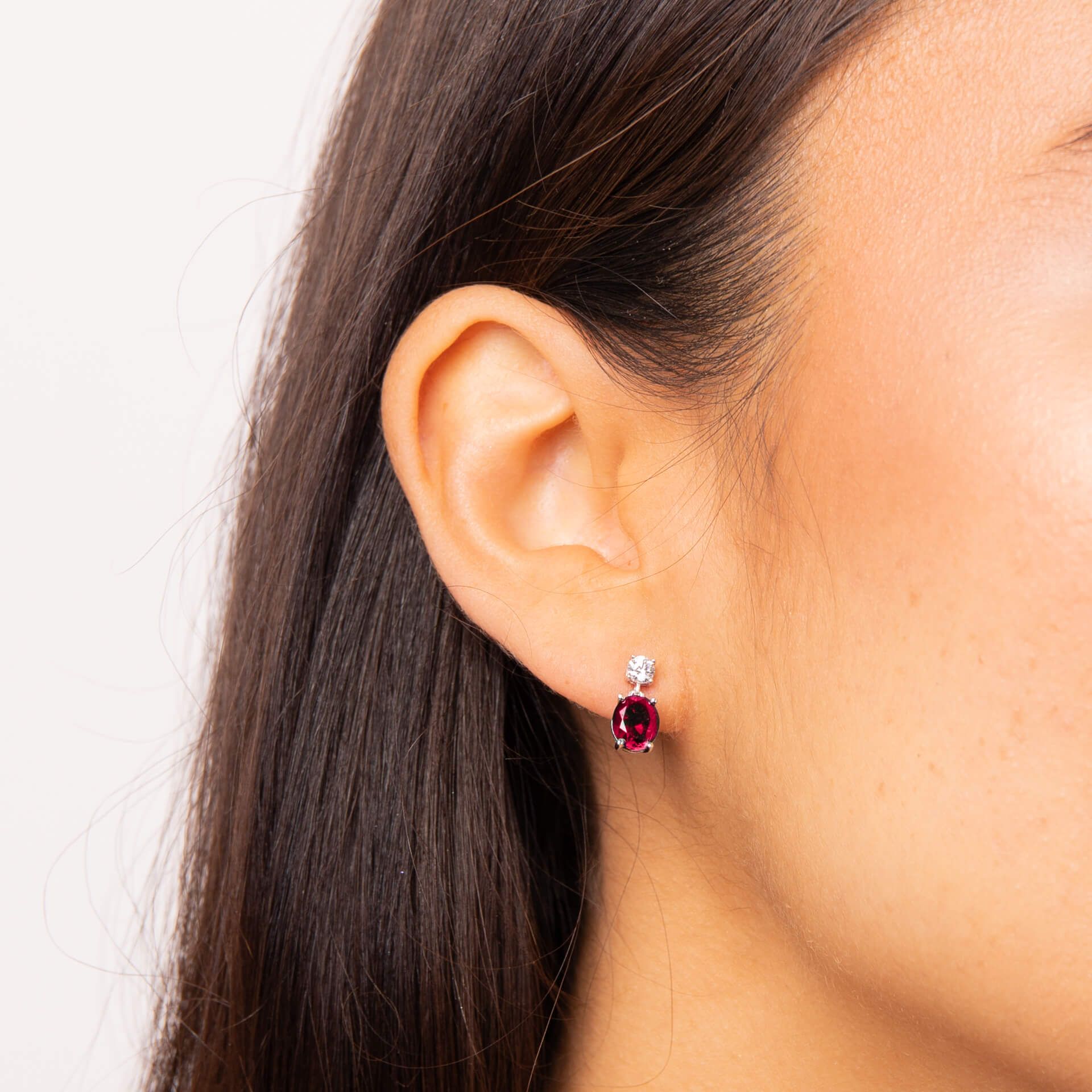 Silver and Ruby Zirconia Oval Drop Earrings