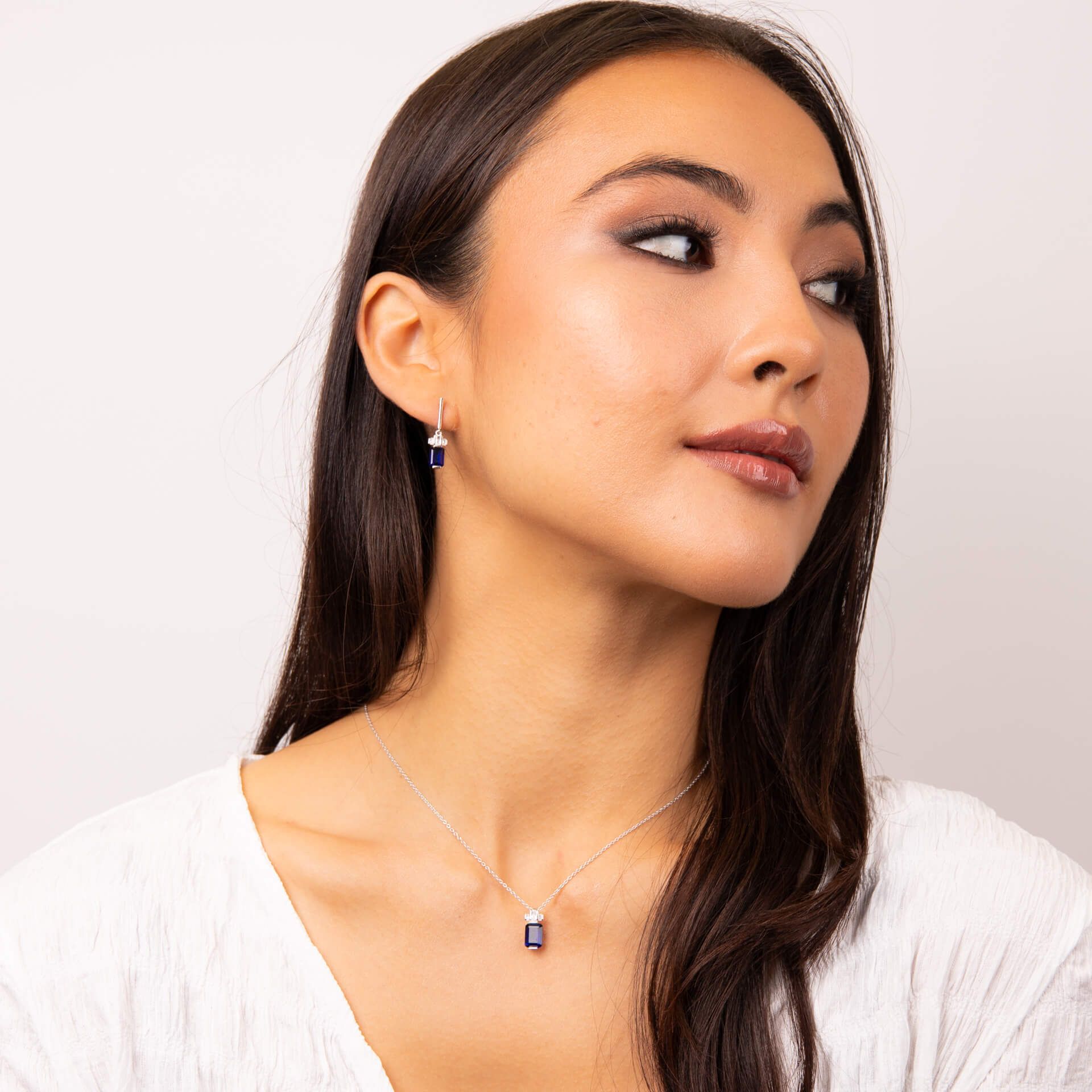 Silver Emerald Cut Zirconia Drop Earrings — Sapphire CZ