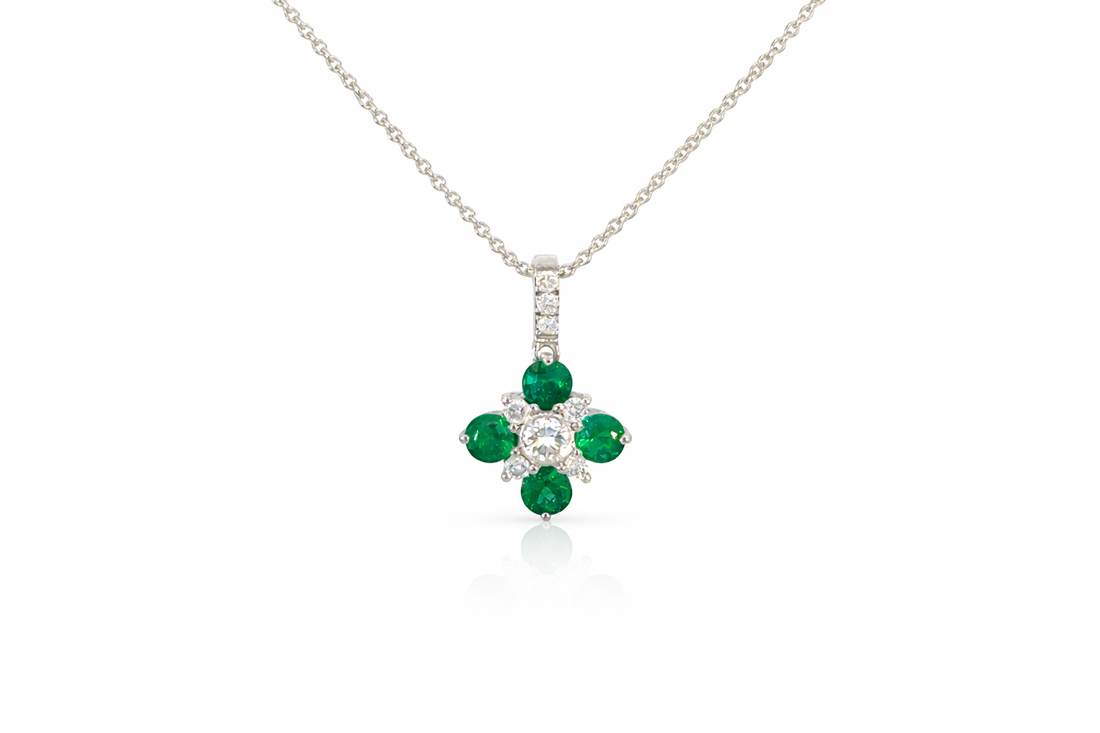 18ct White Gold Emerald & Diamond Cluster Pendant