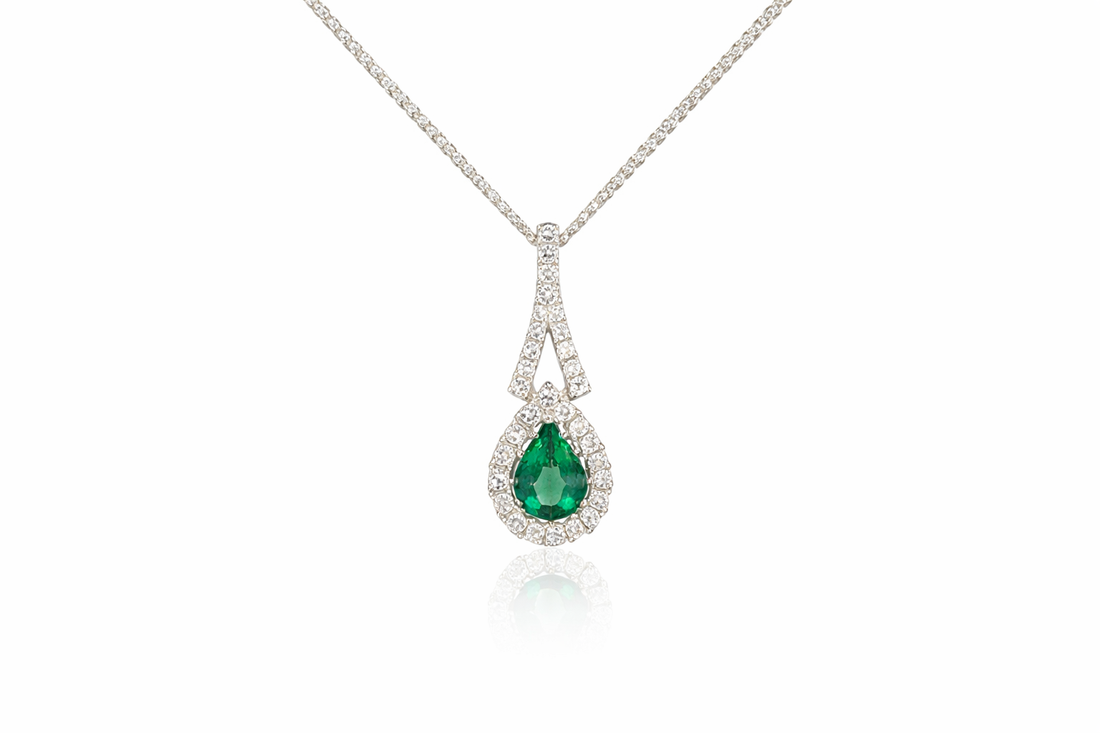 18ct White Gold Emerald & Diamond Drop Necklace