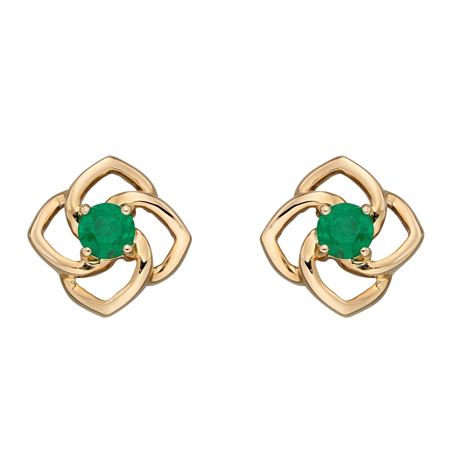 Cut Out Flower Stud Earrings with Emerald in 9ct Yellow Gold