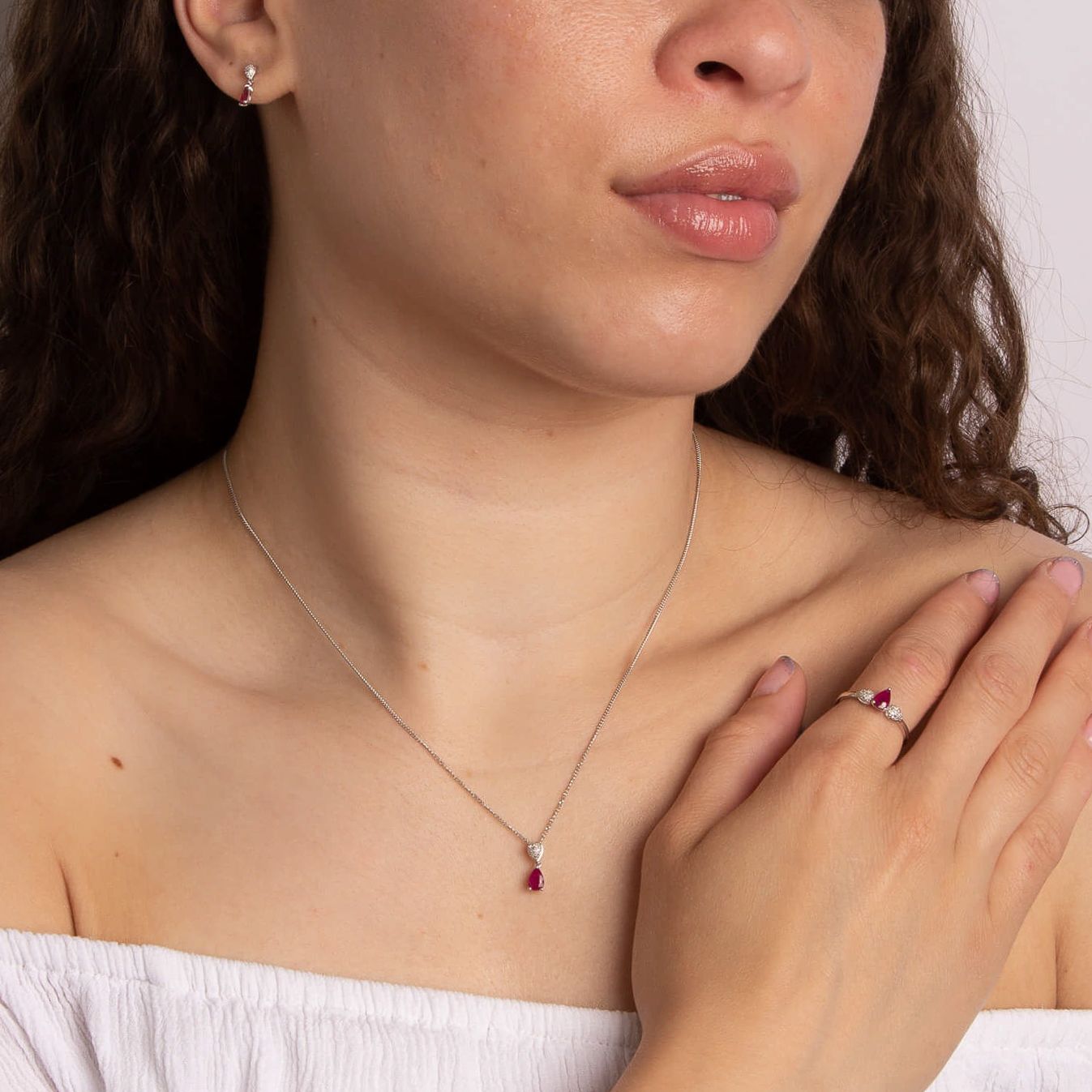 Ruby and Diamond Droplet Pendant in 9ct White Gold