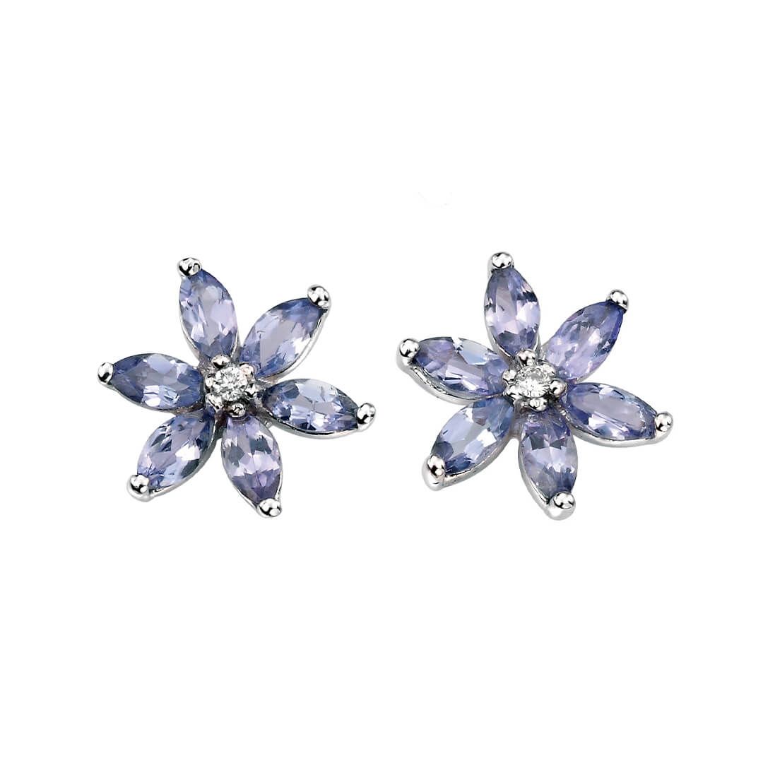 Tanzanite Flower Earrings with Diamond in 9ct White Gold