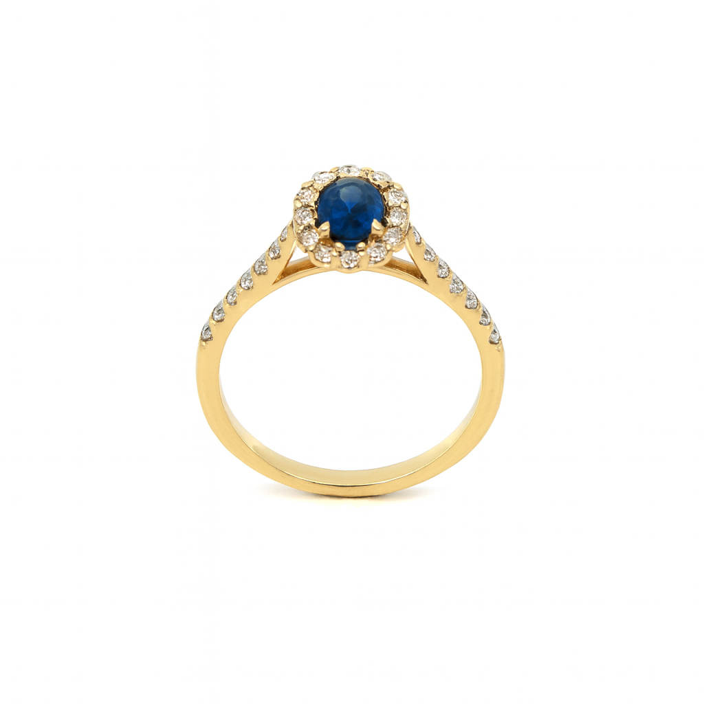 18ct Yellow Gold Blue Sapphire & Diamond Halo Ring