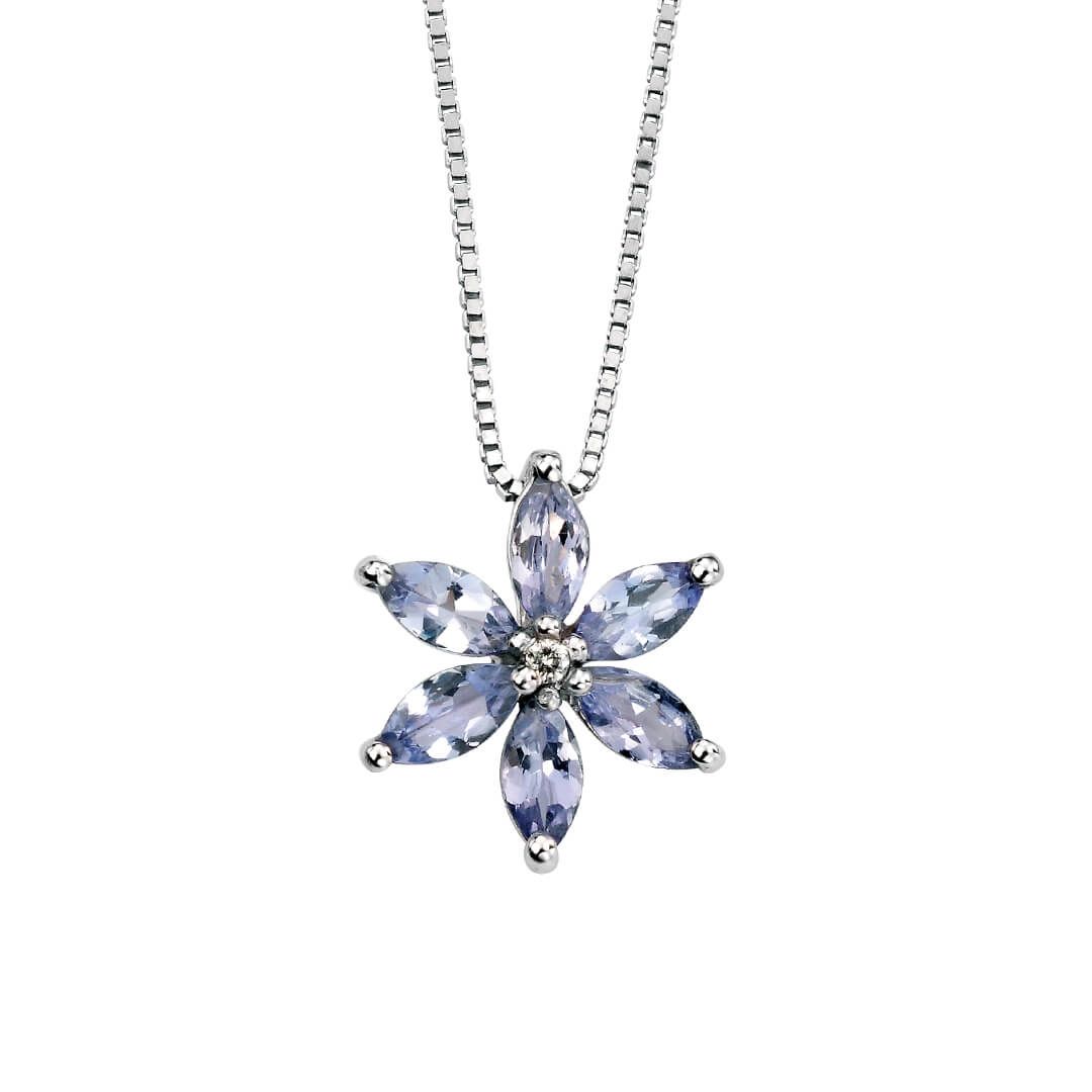 Tanzanite Flower Pendant with Diamond in 9ct White Gold
