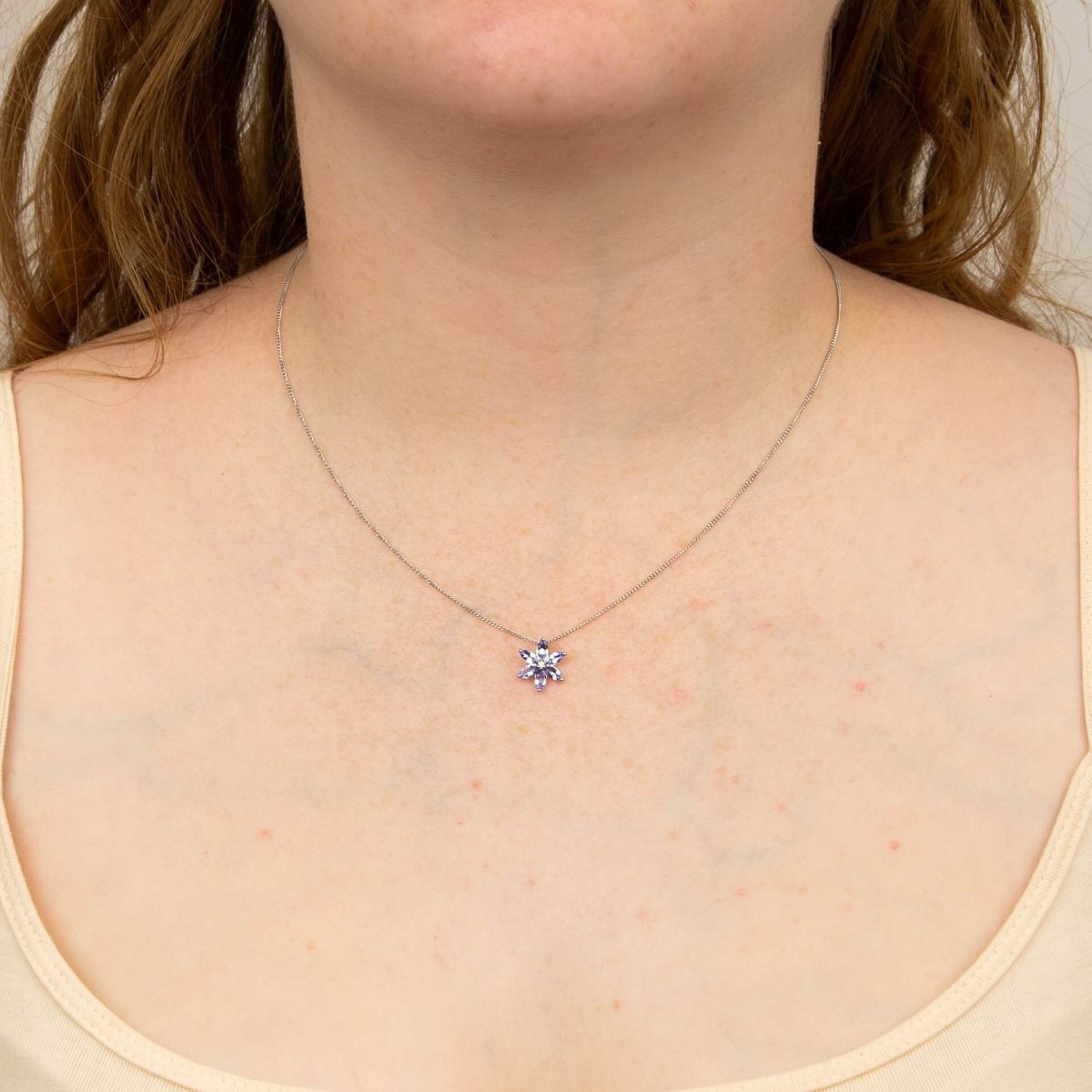 Tanzanite Flower Pendant with Diamond in 9ct White Gold