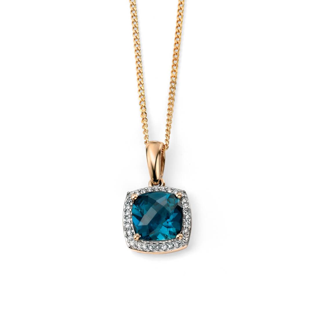 Checkerboard London Blue Topaz Pendant with Diamond in 9ct Yellow Gold