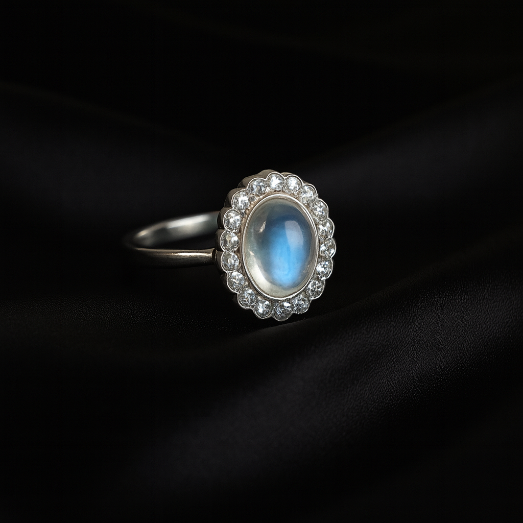 18ct White Gold Moonstone & Diamond Cluster Ring