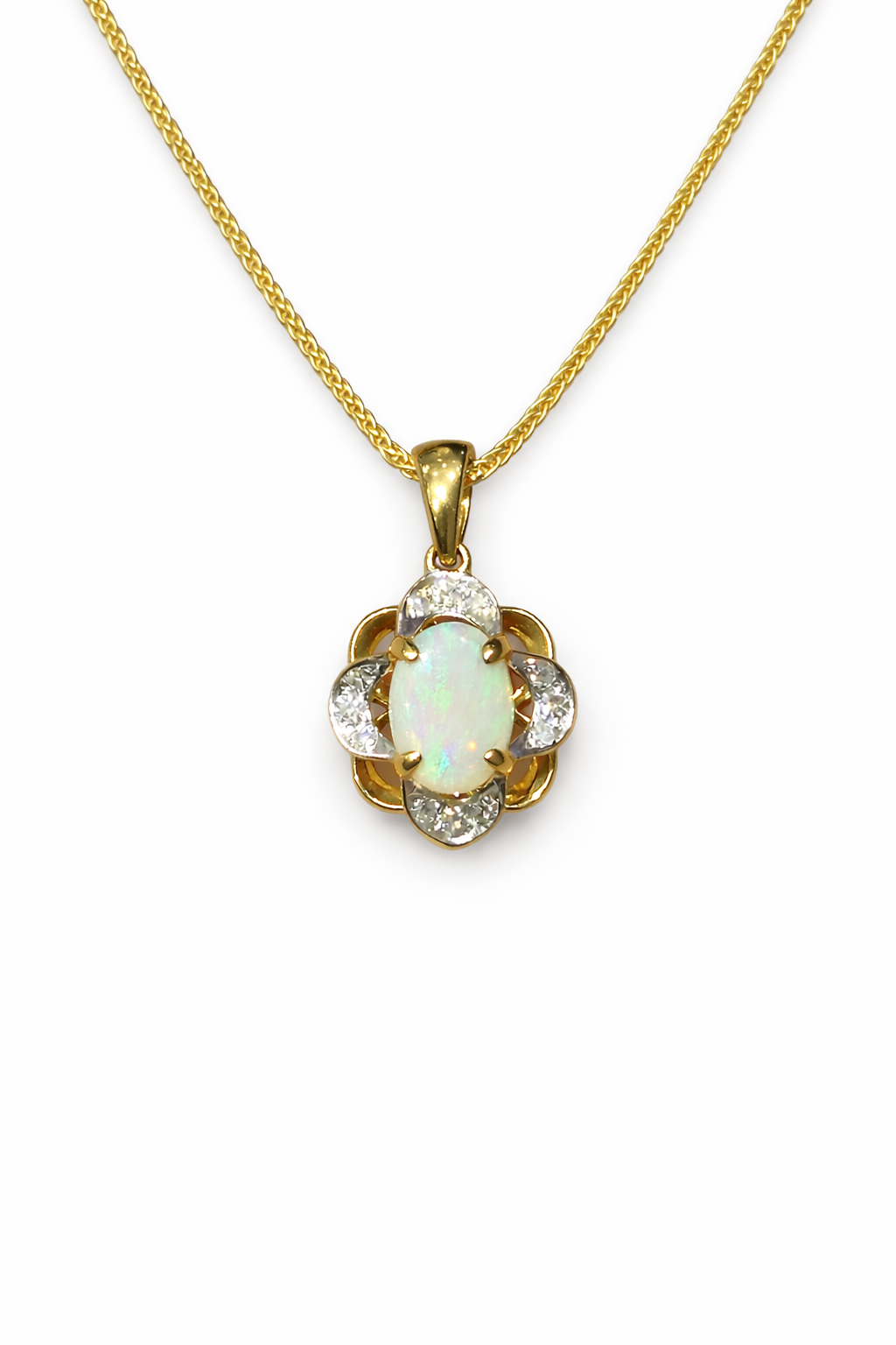 9ct Yellow Gold Opal & Diamond Pendant Necklace