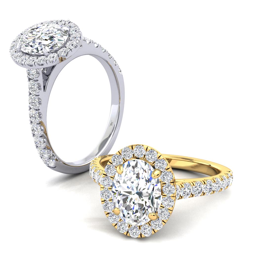 18CT Gold Oval Diamond Halo Ring with Diamond Set Shoulders - Robert Anthony Jewellers, Edinburgh